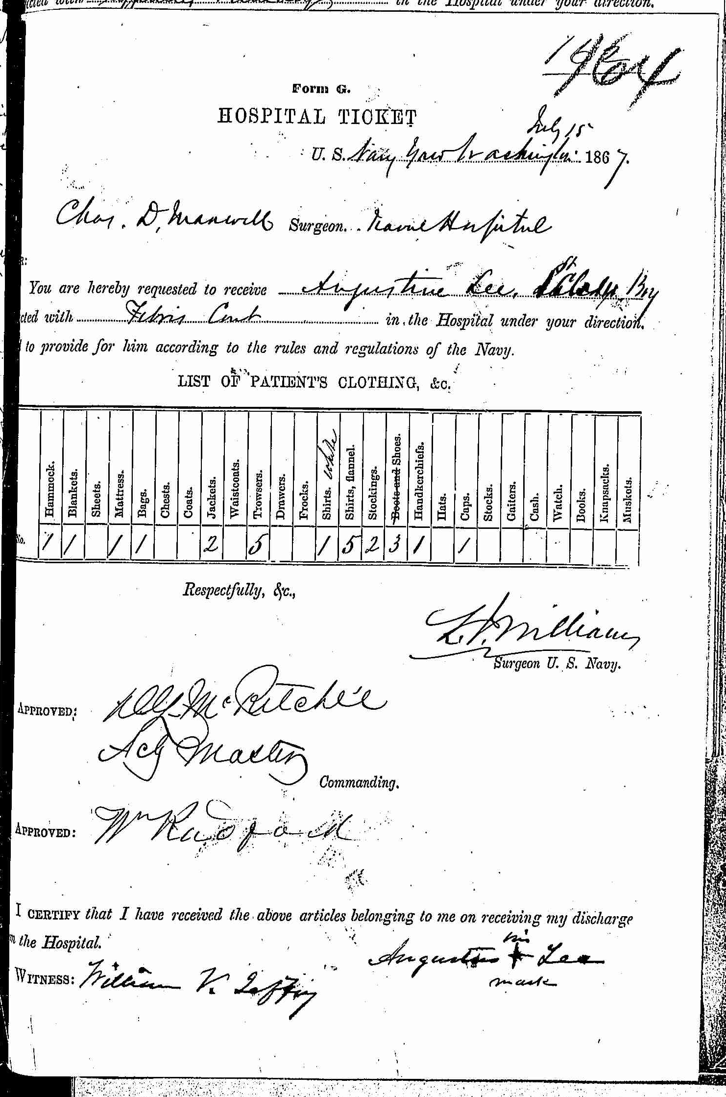 Entry for Augustine Lee (page 1 of 2) in the log Hospital Tickets and Case Papers - Naval Hospital - Washington, D.C. - 1866-68