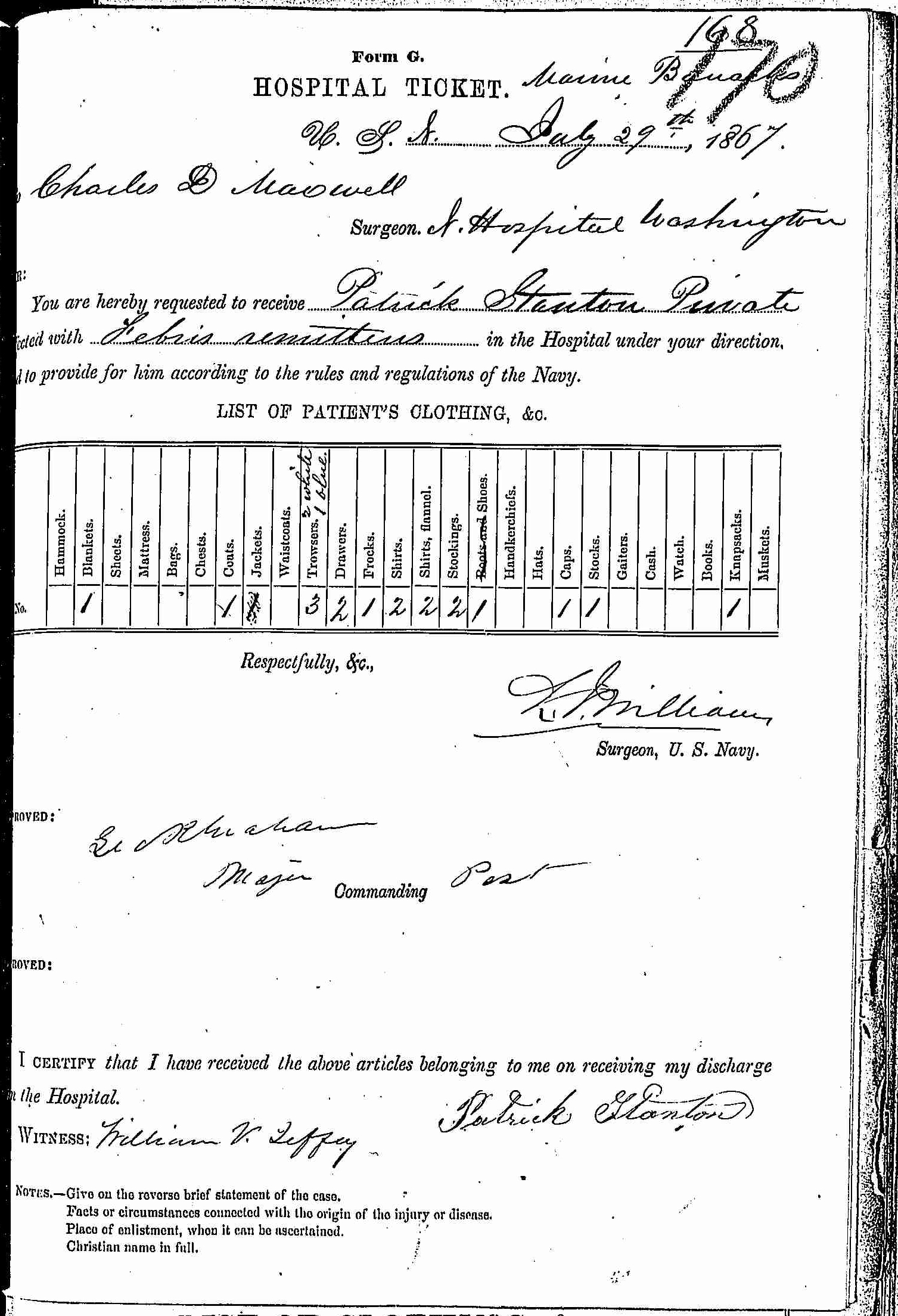 Entry for Patrick Stanton (page 1 of 2) in the log Hospital Tickets and Case Papers - Naval Hospital - Washington, D.C. - 1866-68