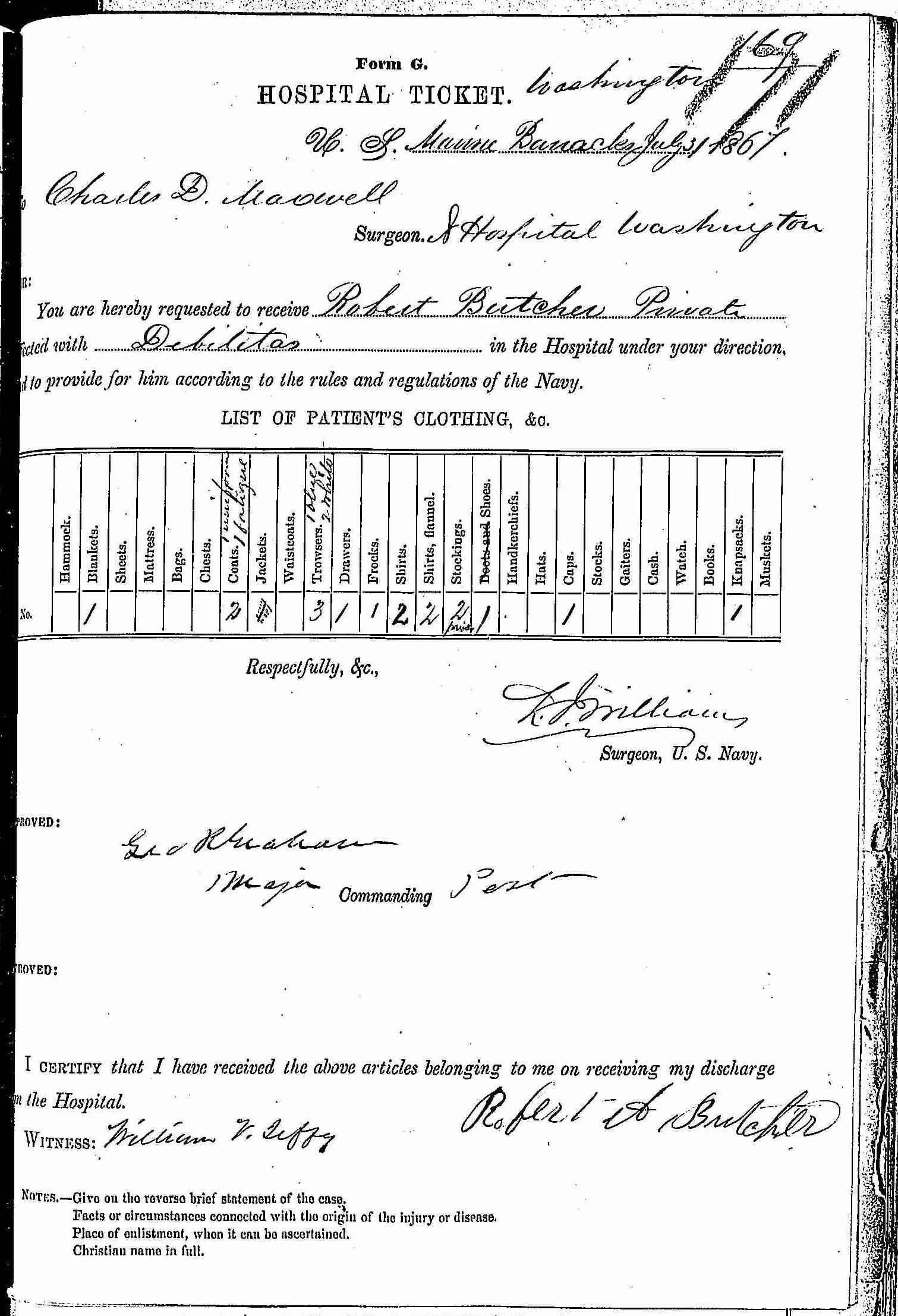 Entry for Robert Butcher (page 1 of 2) in the log Hospital Tickets and Case Papers - Naval Hospital - Washington, D.C. - 1866-68