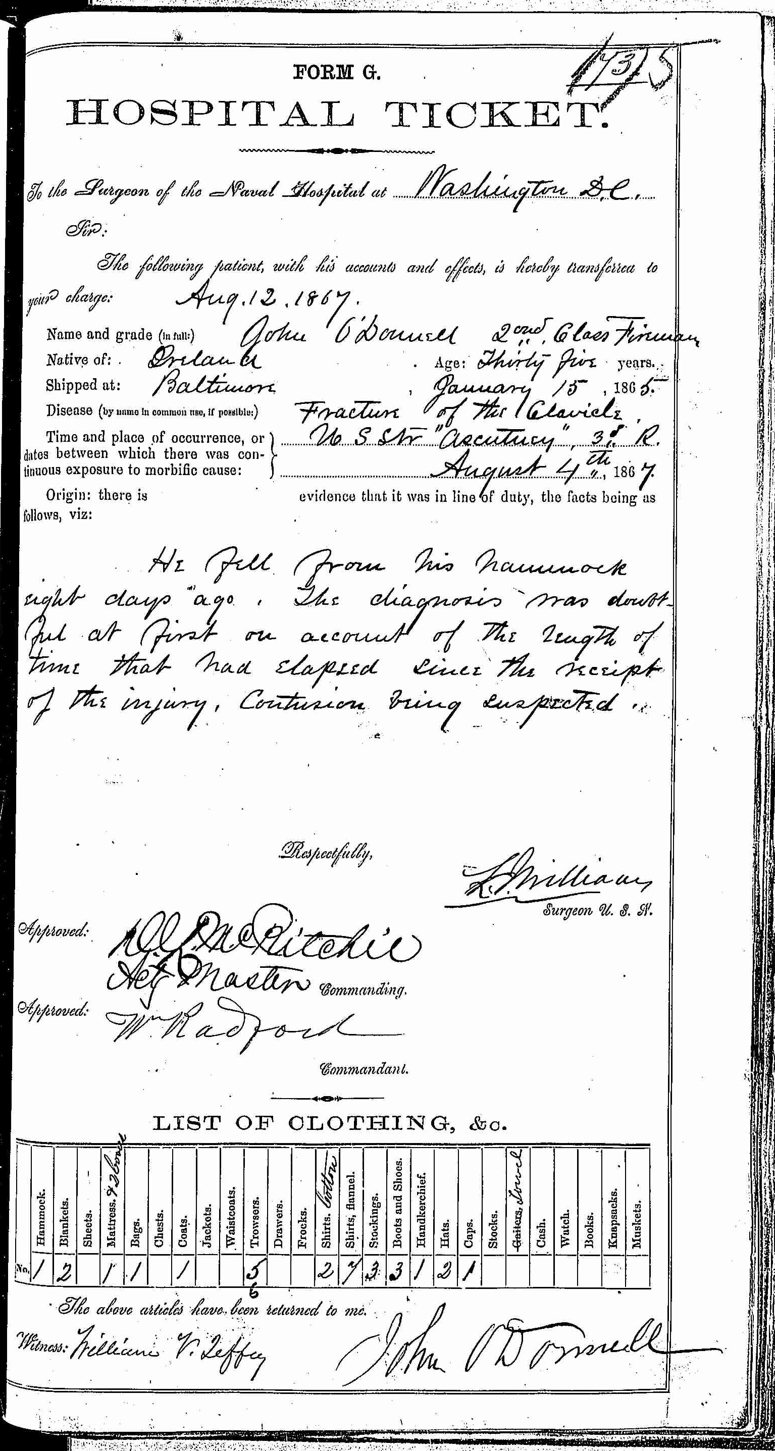 Entry for James O'Donnell (page 1 of 2) in the log Hospital Tickets and Case Papers - Naval Hospital - Washington, D.C. - 1866-68