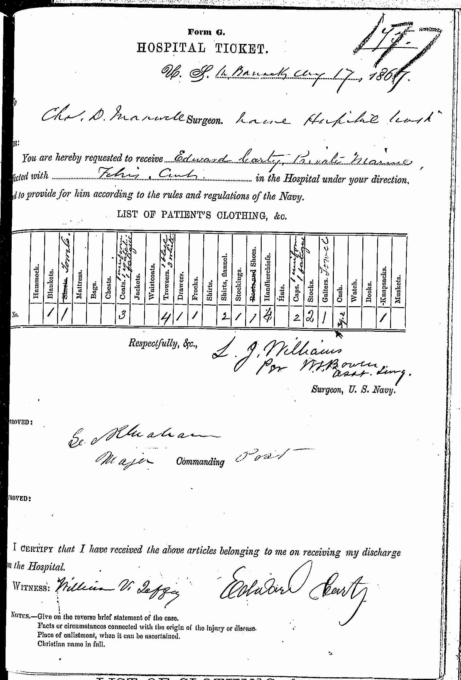 Entry for Edward Carty (page 1 of 2) in the log Hospital Tickets and Case Papers - Naval Hospital - Washington, D.C. - 1866-68