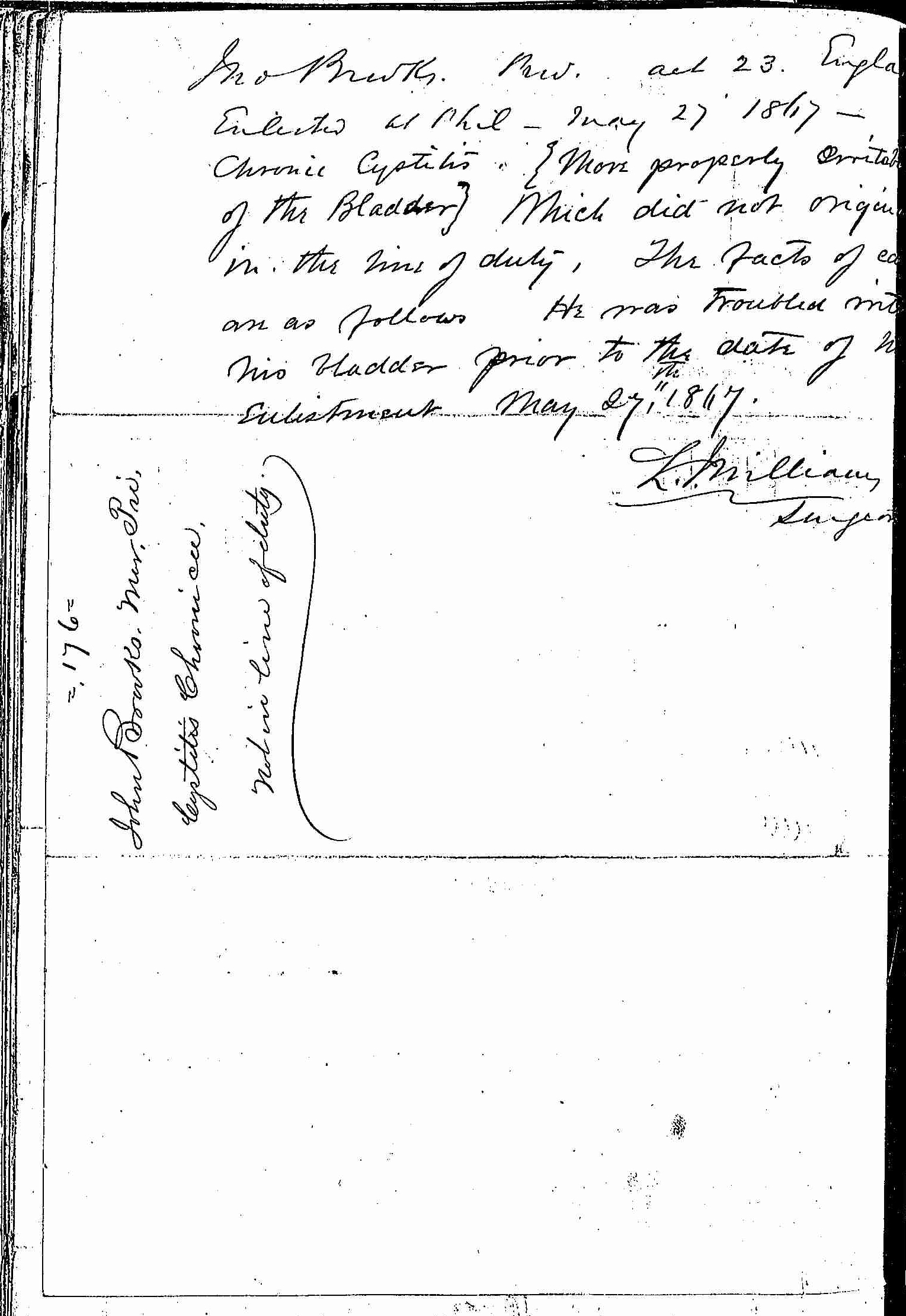 Entry for John Brooks (page 2 of 2) in the log Hospital Tickets and Case Papers - Naval Hospital - Washington, D.C. - 1866-68