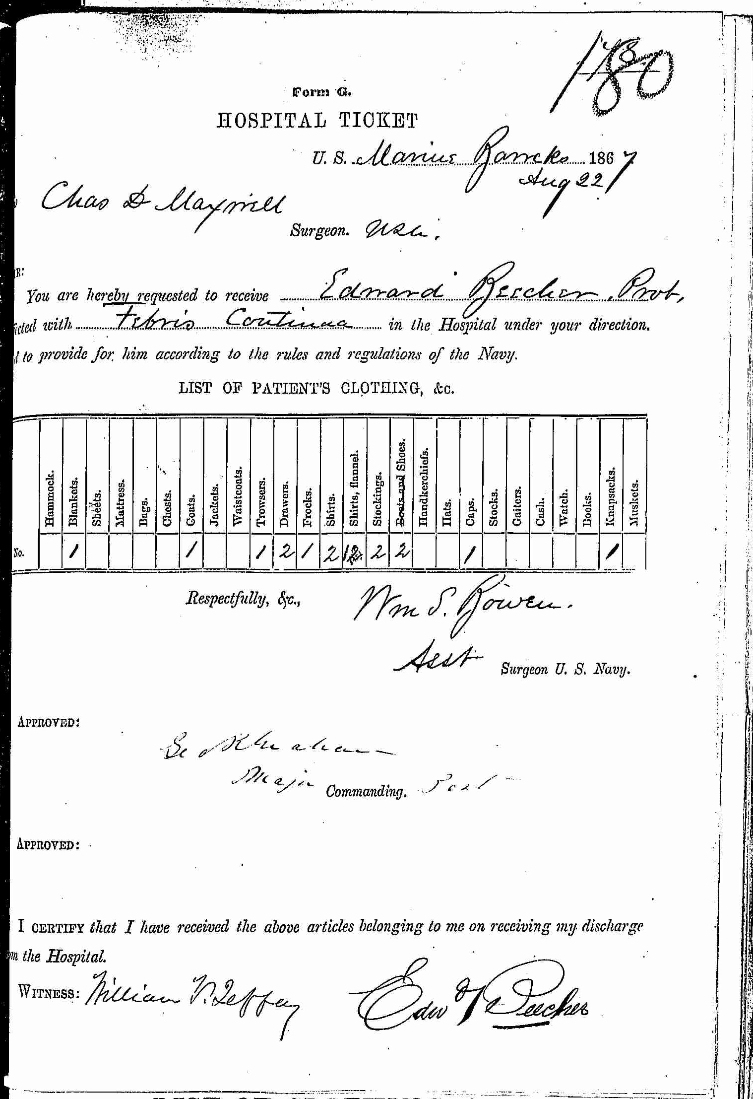 Entry for Edward Bucher (page 1 of 2) in the log Hospital Tickets and Case Papers - Naval Hospital - Washington, D.C. - 1866-68