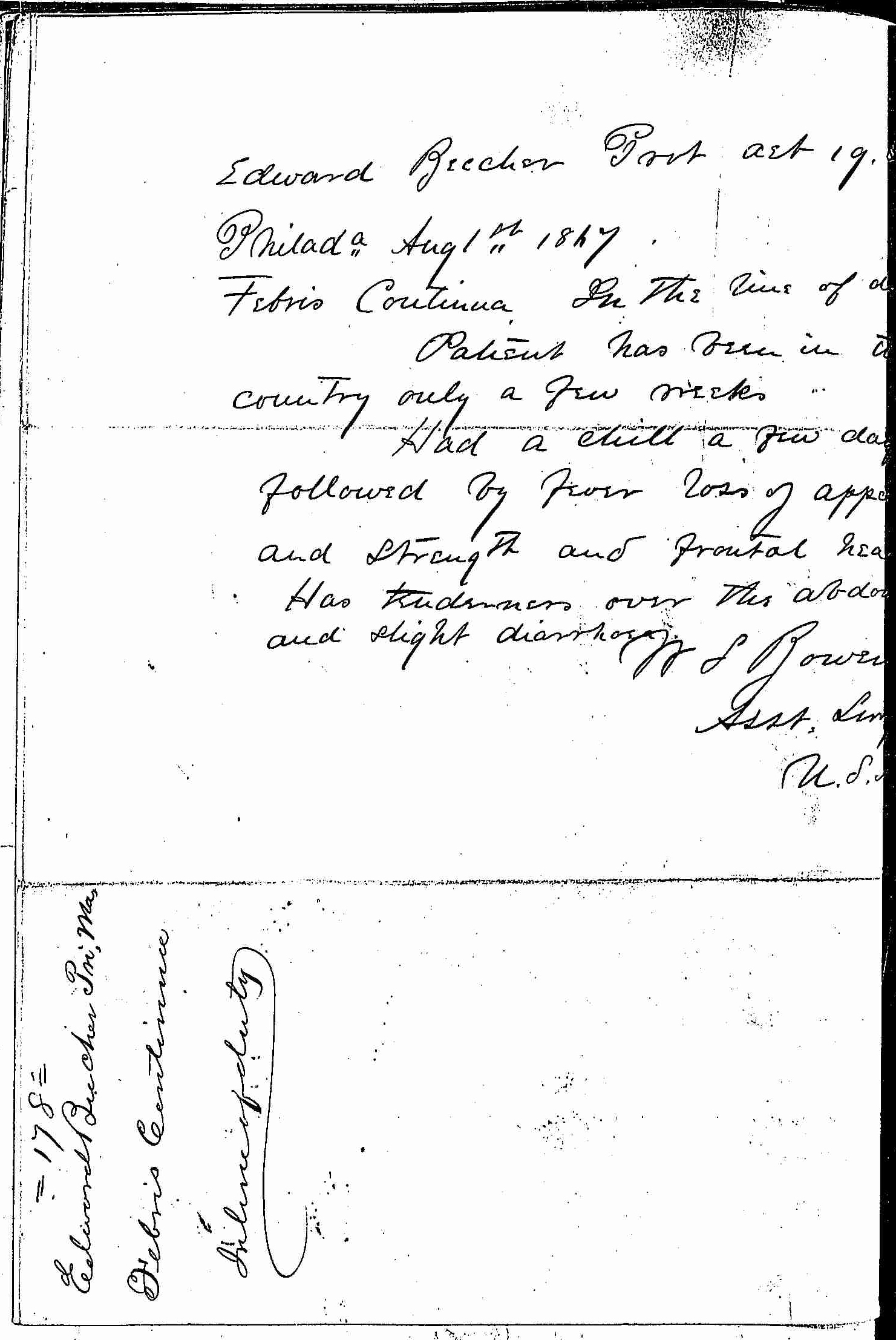 Entry for Edward Bucher (page 2 of 2) in the log Hospital Tickets and Case Papers - Naval Hospital - Washington, D.C. - 1866-68