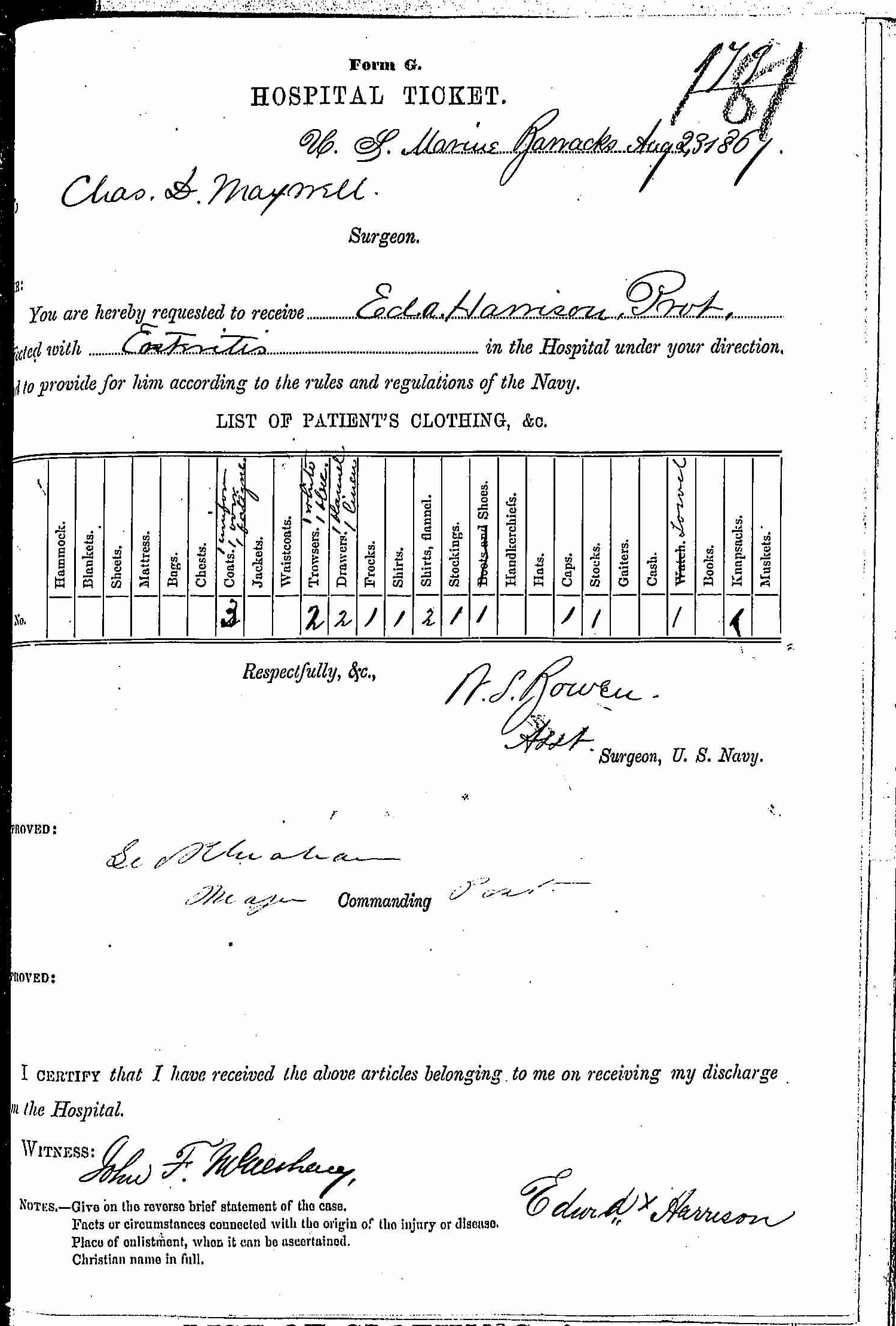 Entry for Edward Harrison (page 1 of 2) in the log Hospital Tickets and Case Papers - Naval Hospital - Washington, D.C. - 1866-68