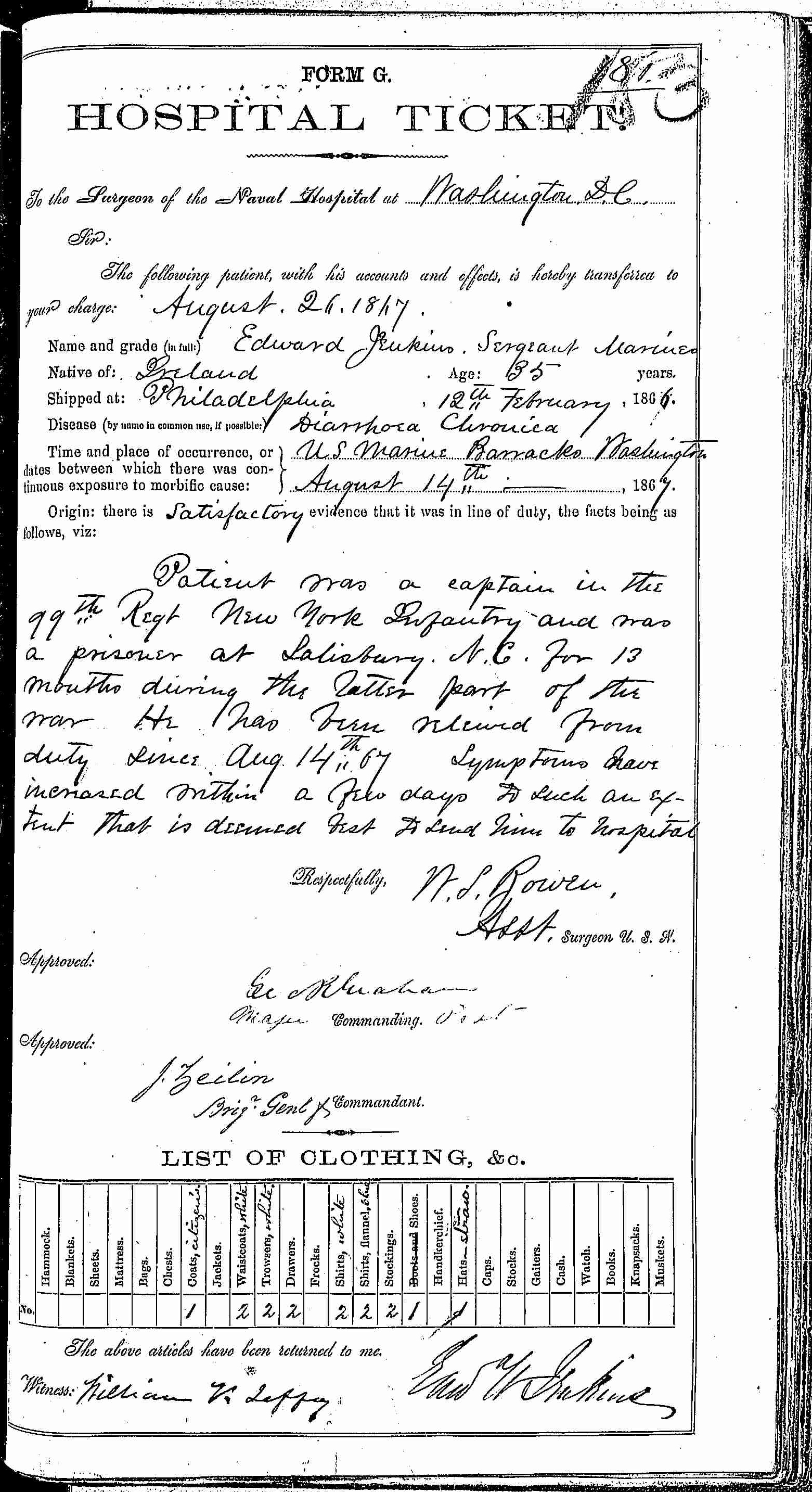 Entry for Edward Jenkins (page 1 of 2) in the log Hospital Tickets and Case Papers - Naval Hospital - Washington, D.C. - 1866-68