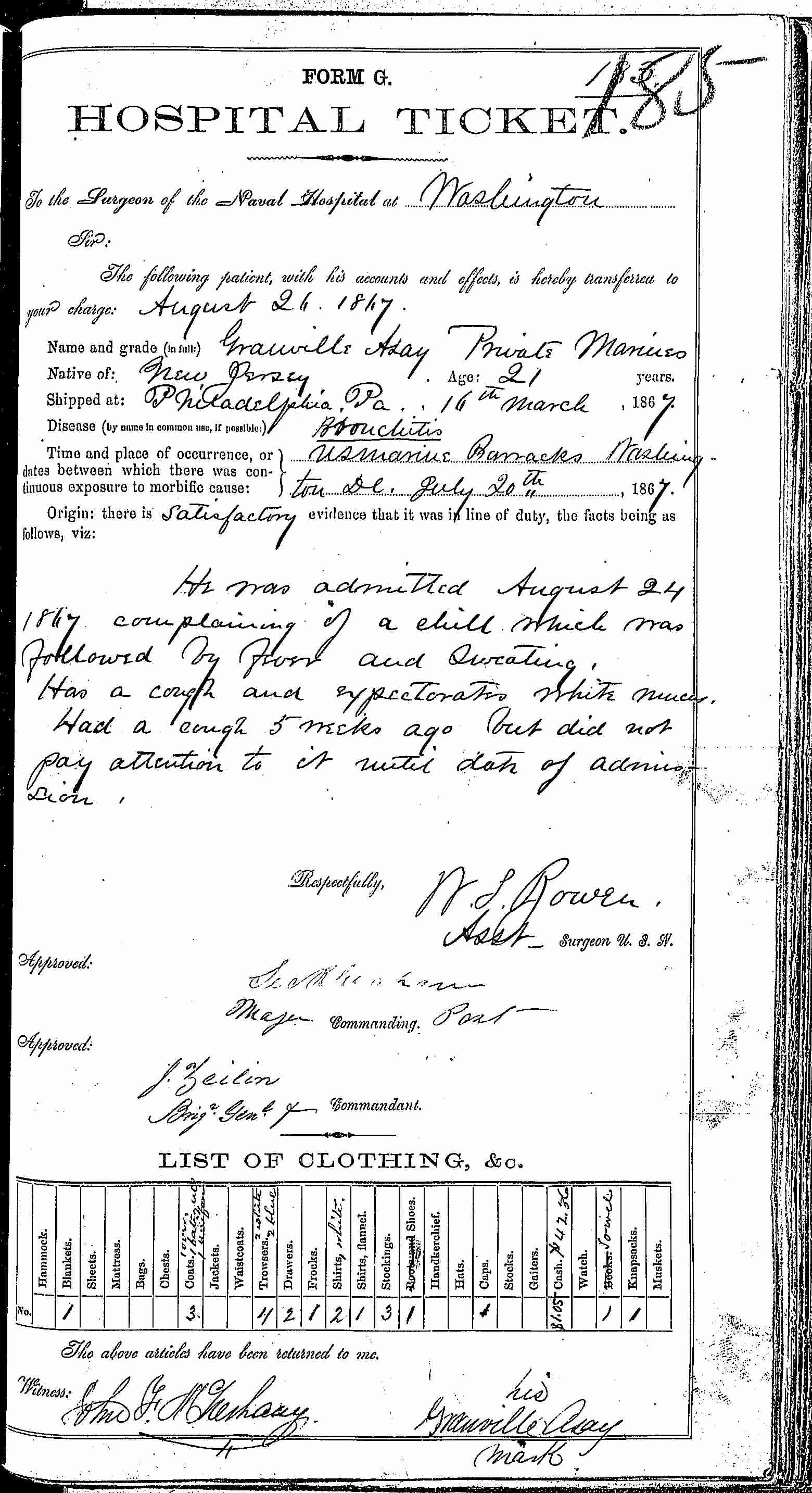 Entry for Granville Asay (page 1 of 2) in the log Hospital Tickets and Case Papers - Naval Hospital - Washington, D.C. - 1866-68