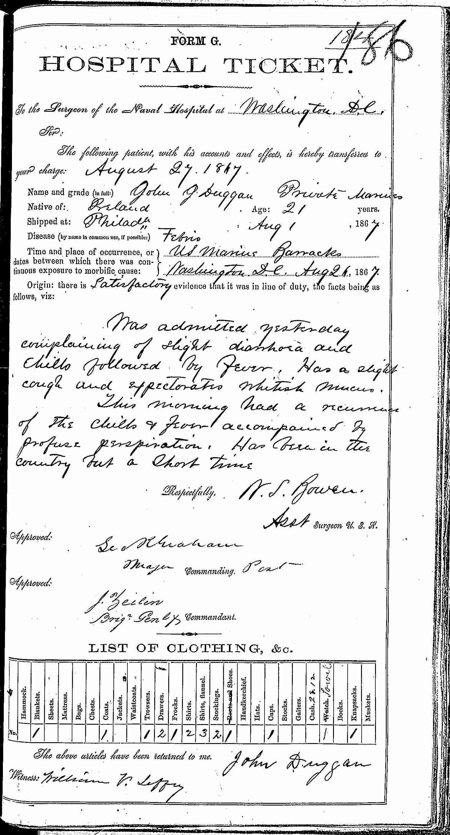 Entry for John J. Duggan (page 1 of 2) in the log Hospital Tickets and Case Papers - Naval Hospital - Washington, D.C. - 1866-68