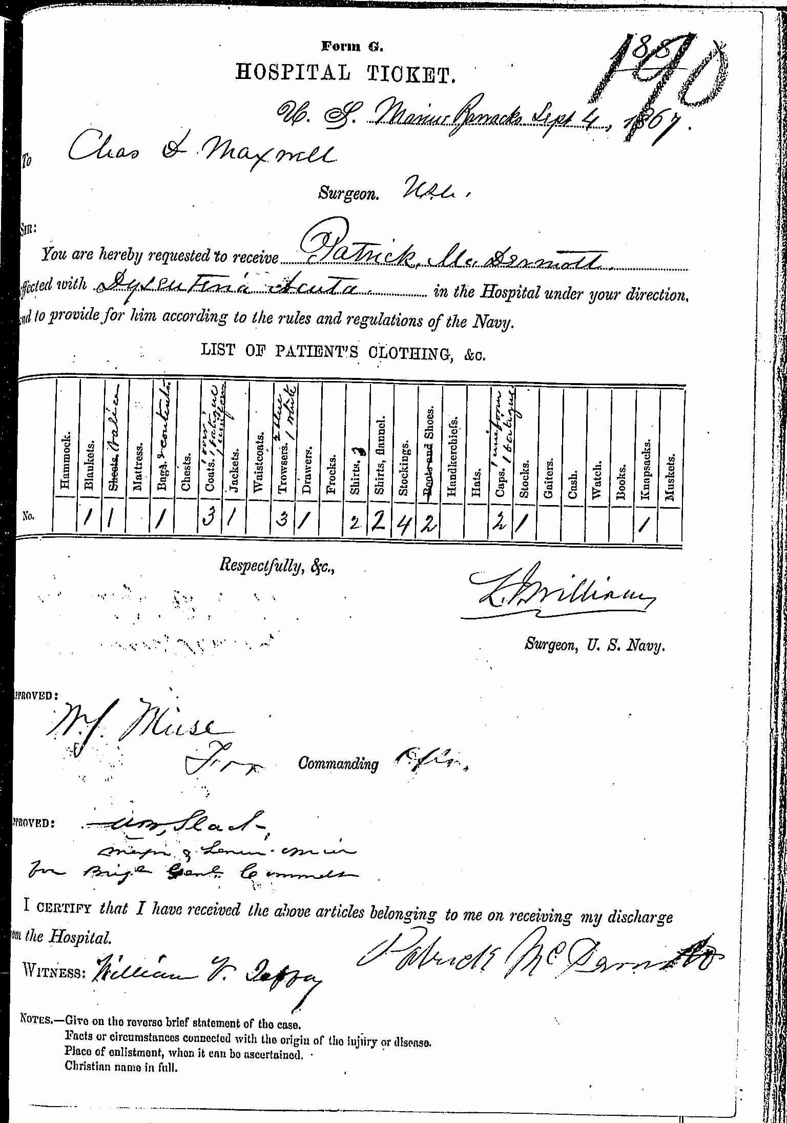 Entry for Patrick McDermott (page 1 of 2) in the log Hospital Tickets and Case Papers - Naval Hospital - Washington, D.C. - 1866-68