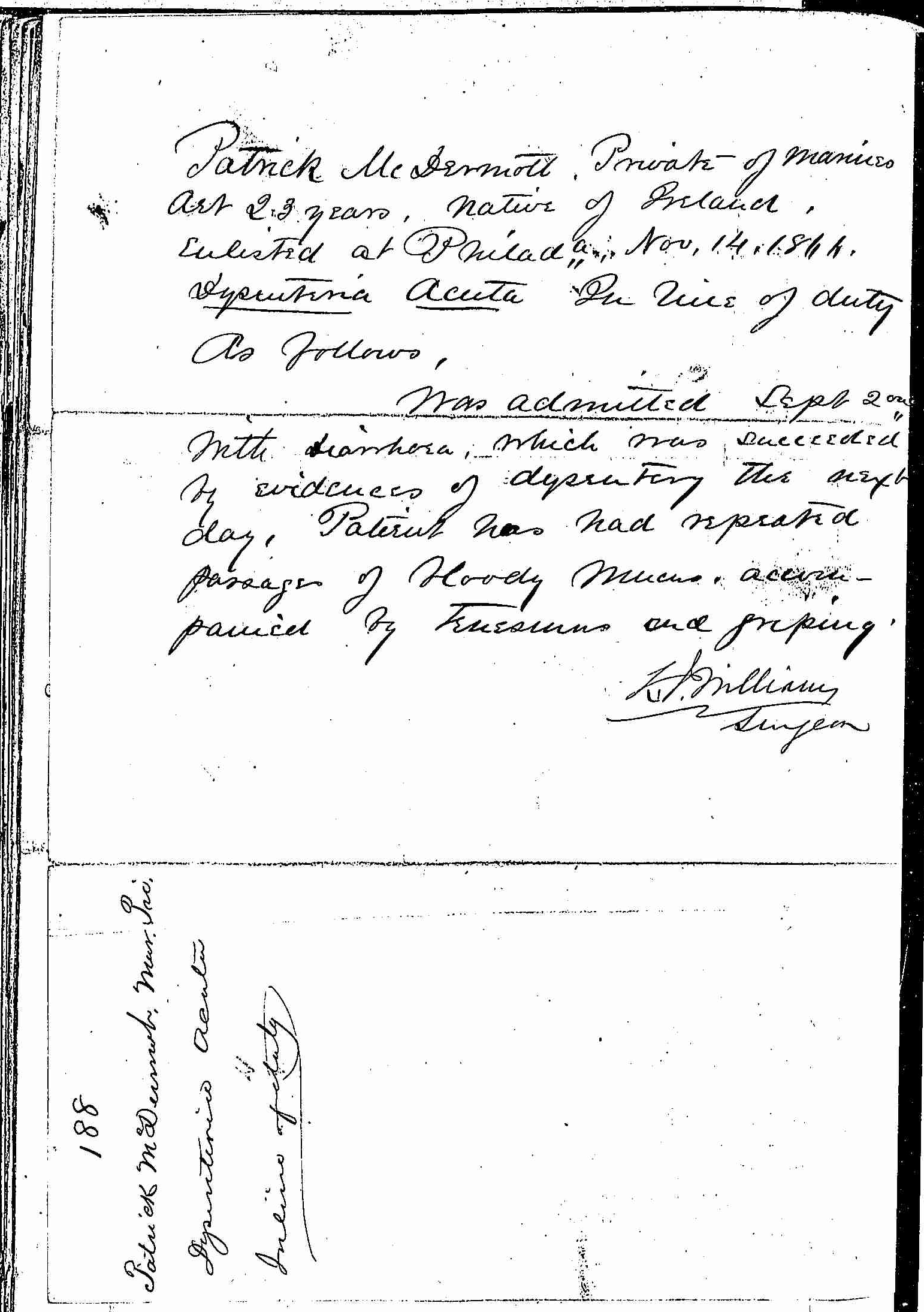 Entry for Patrick McDermott (page 2 of 2) in the log Hospital Tickets and Case Papers - Naval Hospital - Washington, D.C. - 1866-68