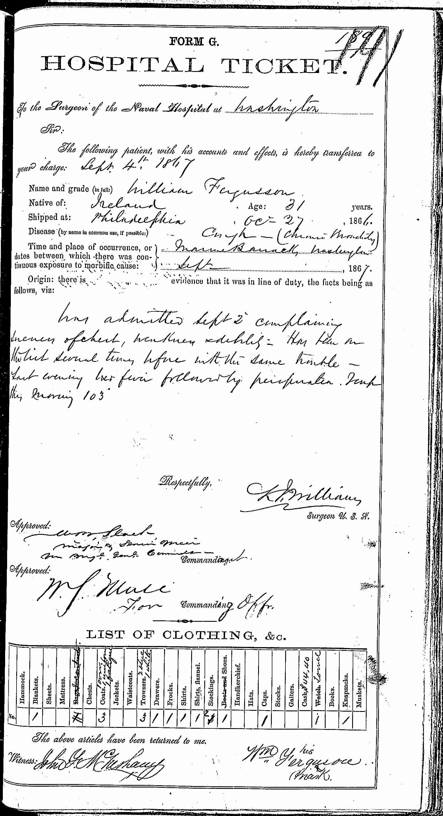 Entry for William Ferguson (page 1 of 2) in the log Hospital Tickets and Case Papers - Naval Hospital - Washington, D.C. - 1866-68