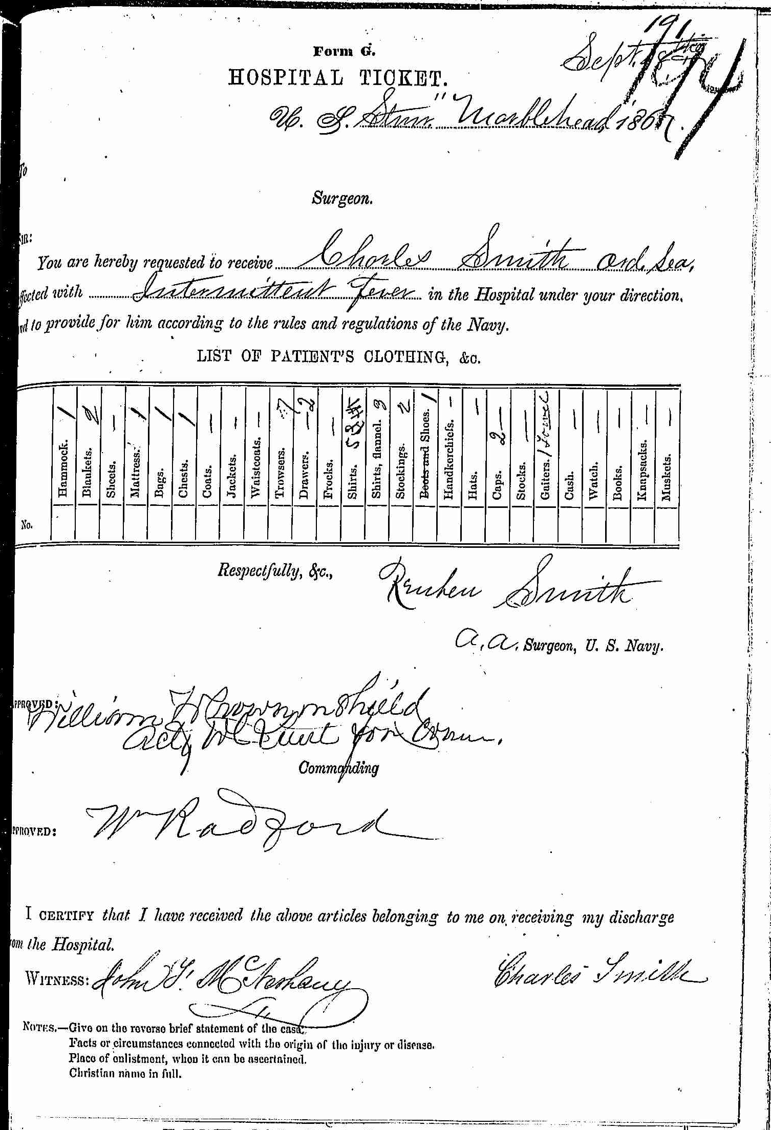 Entry for Charles Smith (page 1 of 2) in the log Hospital Tickets and Case Papers - Naval Hospital - Washington, D.C. - 1866-68