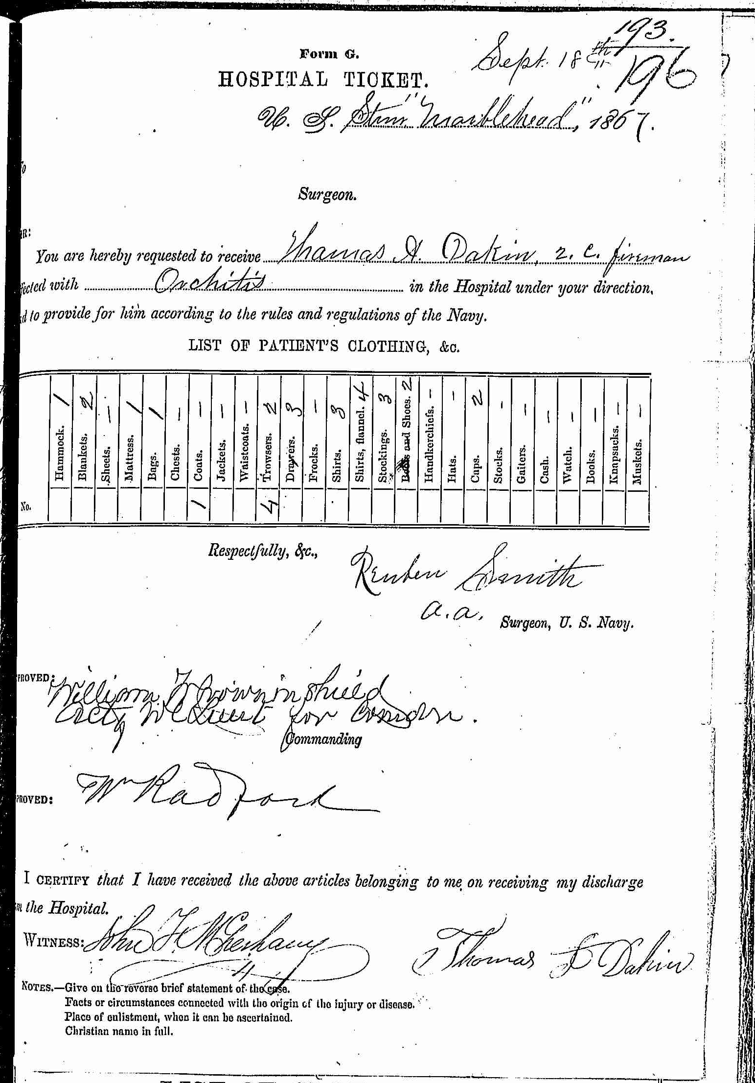 Entry for Thomas A. Dakin (page 1 of 2) in the log Hospital Tickets and Case Papers - Naval Hospital - Washington, D.C. - 1866-68