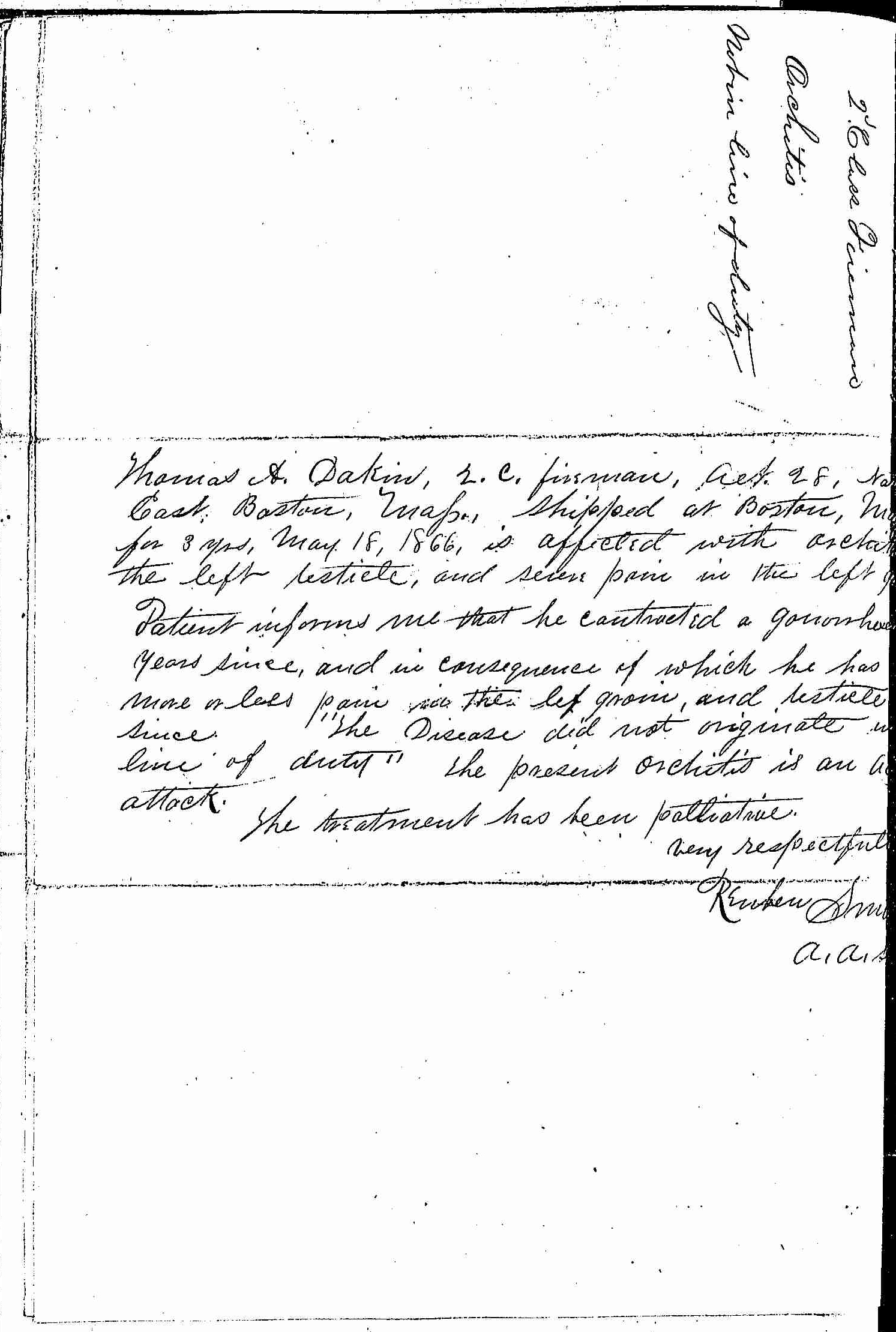 Entry for Thomas A. Dakin (page 1 of 2) in the log Hospital Tickets and Case Papers - Naval Hospital - Washington, D.C. - 1866-68