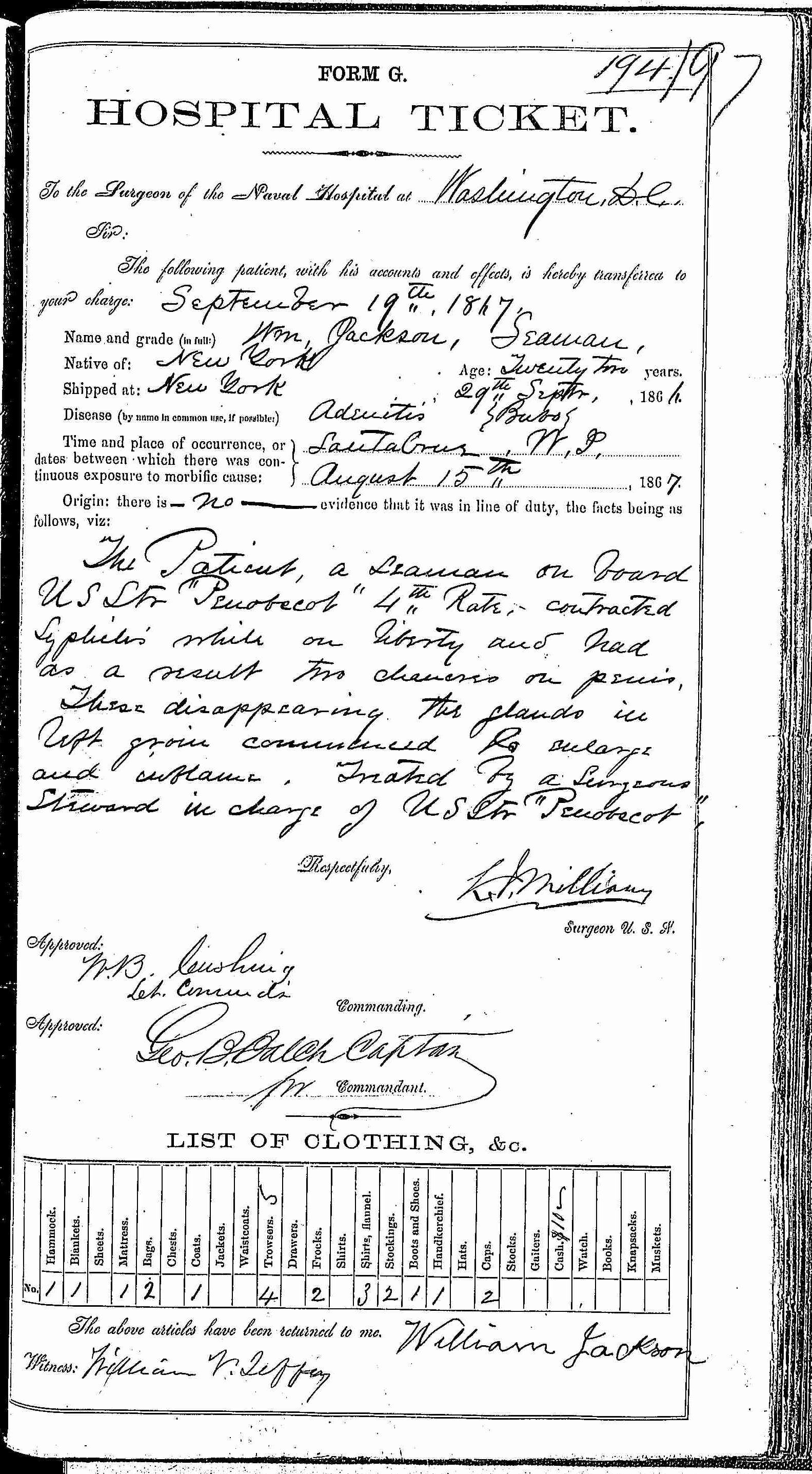 Entry for William Jackson (first admission page 1 of 2) in the log Hospital Tickets and Case Papers - Naval Hospital - Washington, D.C. - 1866-68