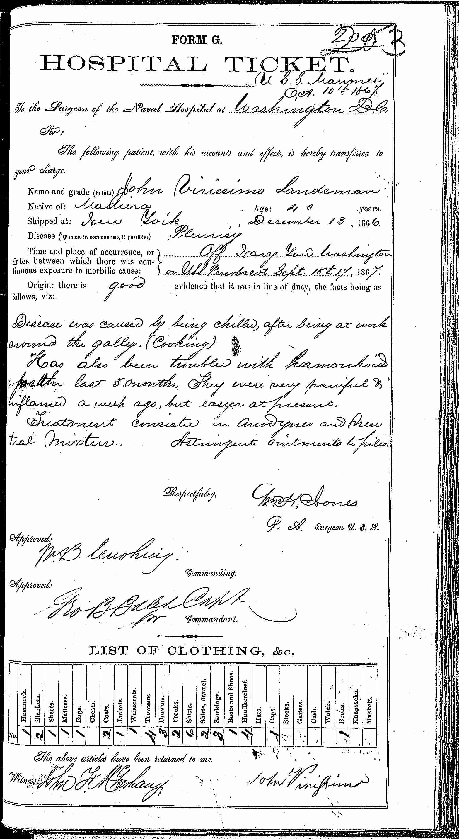 Entry for John Virissimo (page 1 of 2) in the log Hospital Tickets and Case Papers - Naval Hospital - Washington, D.C. - 1866-68