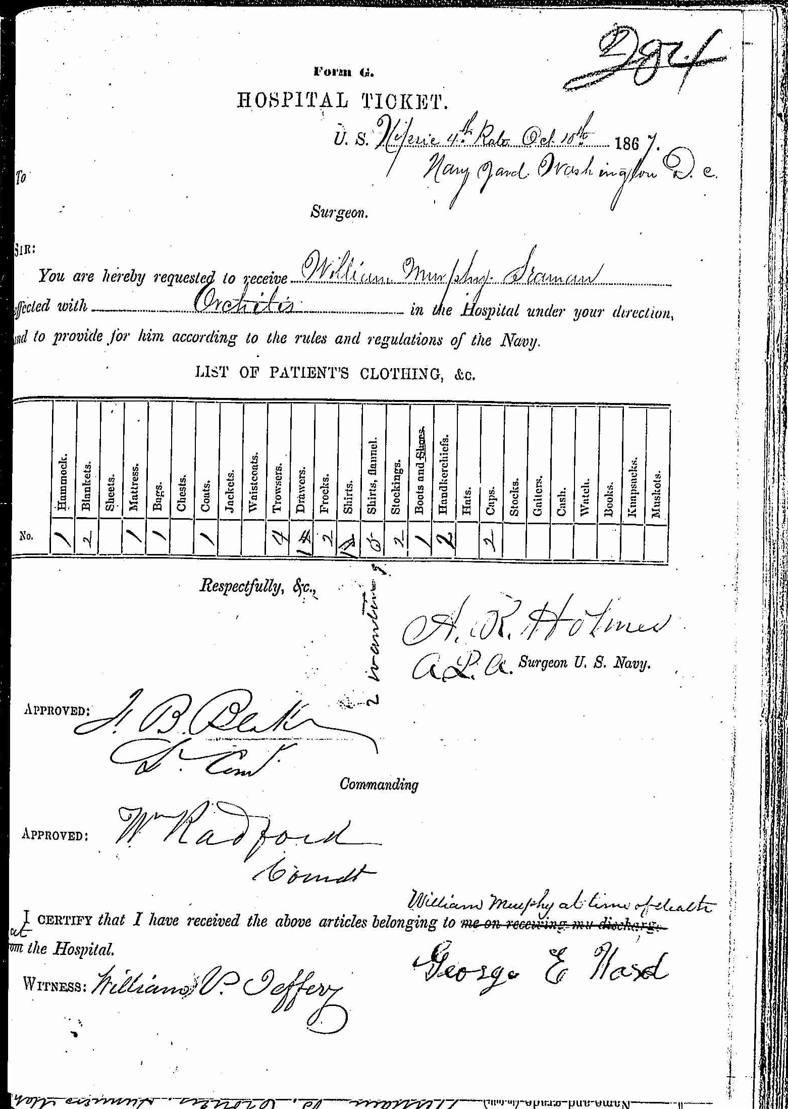 Entry for William Murphy (page 1 of 2) in the log Hospital Tickets and Case Papers - Naval Hospital - Washington, D.C. - 1866-68