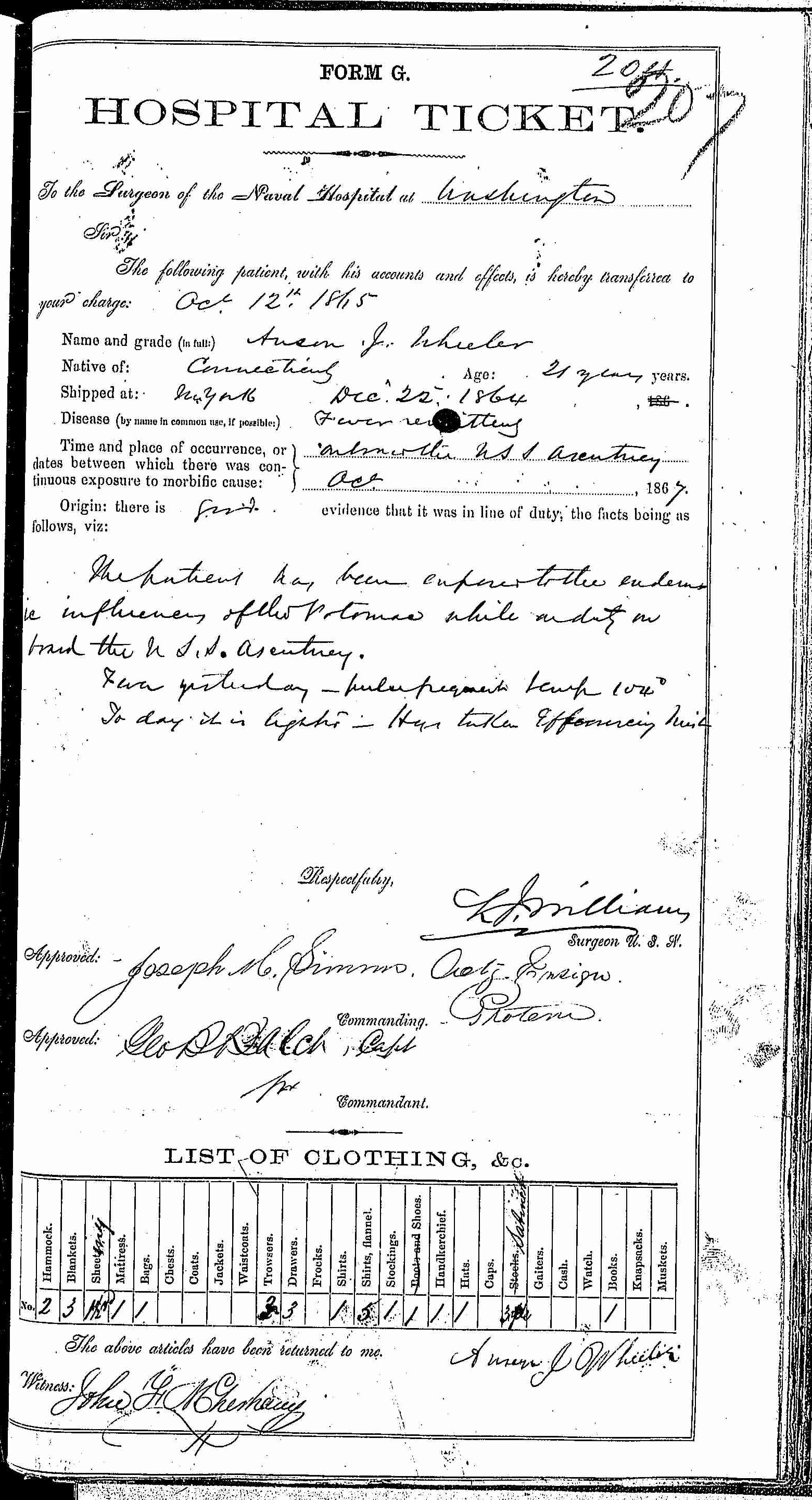 Entry for Anson J. Wheeler (page 1 of 2) in the log Hospital Tickets and Case Papers - Naval Hospital - Washington, D.C. - 1866-68