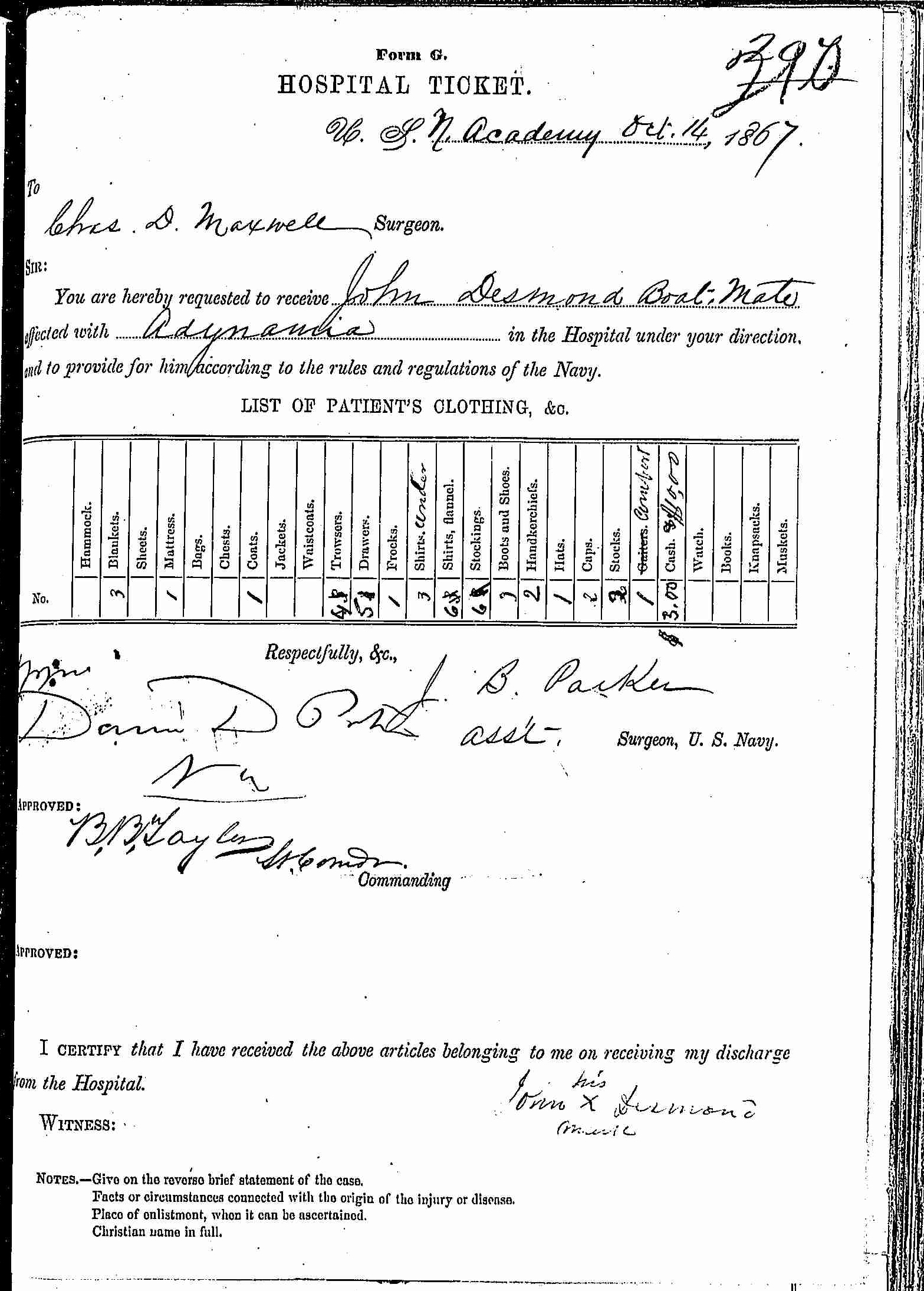 Entry for John Desmond (page 1 of 2) in the log Hospital Tickets and Case Papers - Naval Hospital - Washington, D.C. - 1866-68