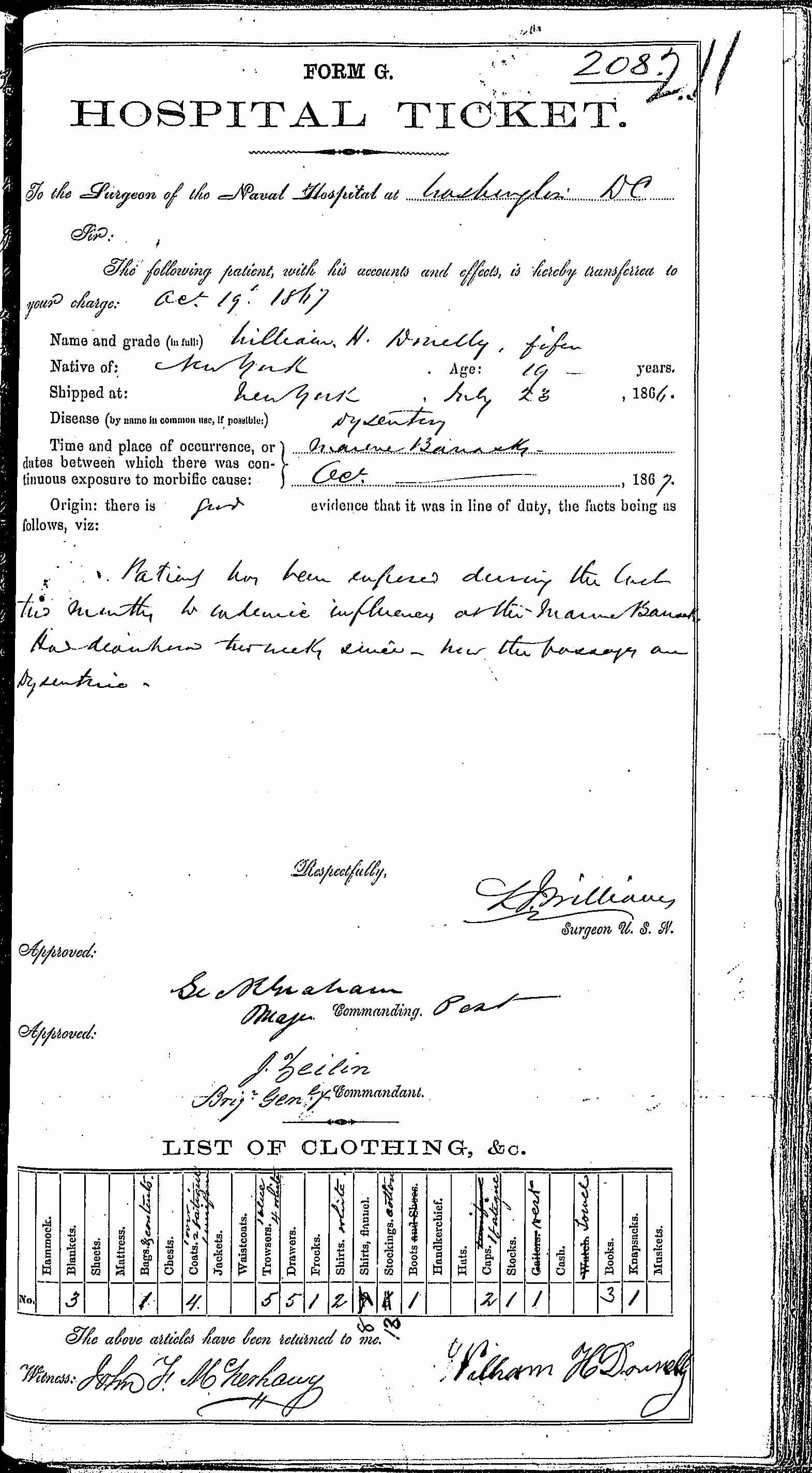 Entry for William H. Donelly (page 1 of 2) in the log Hospital Tickets and Case Papers - Naval Hospital - Washington, D.C. - 1866-68