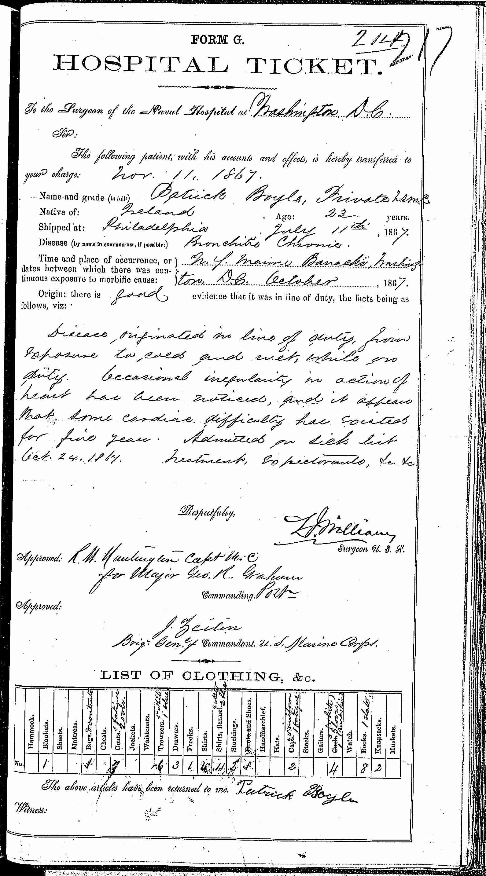 Entry for Patrick Boyle (page 1 of 2) in the log Hospital Tickets and Case Papers - Naval Hospital - Washington, D.C. - 1866-68