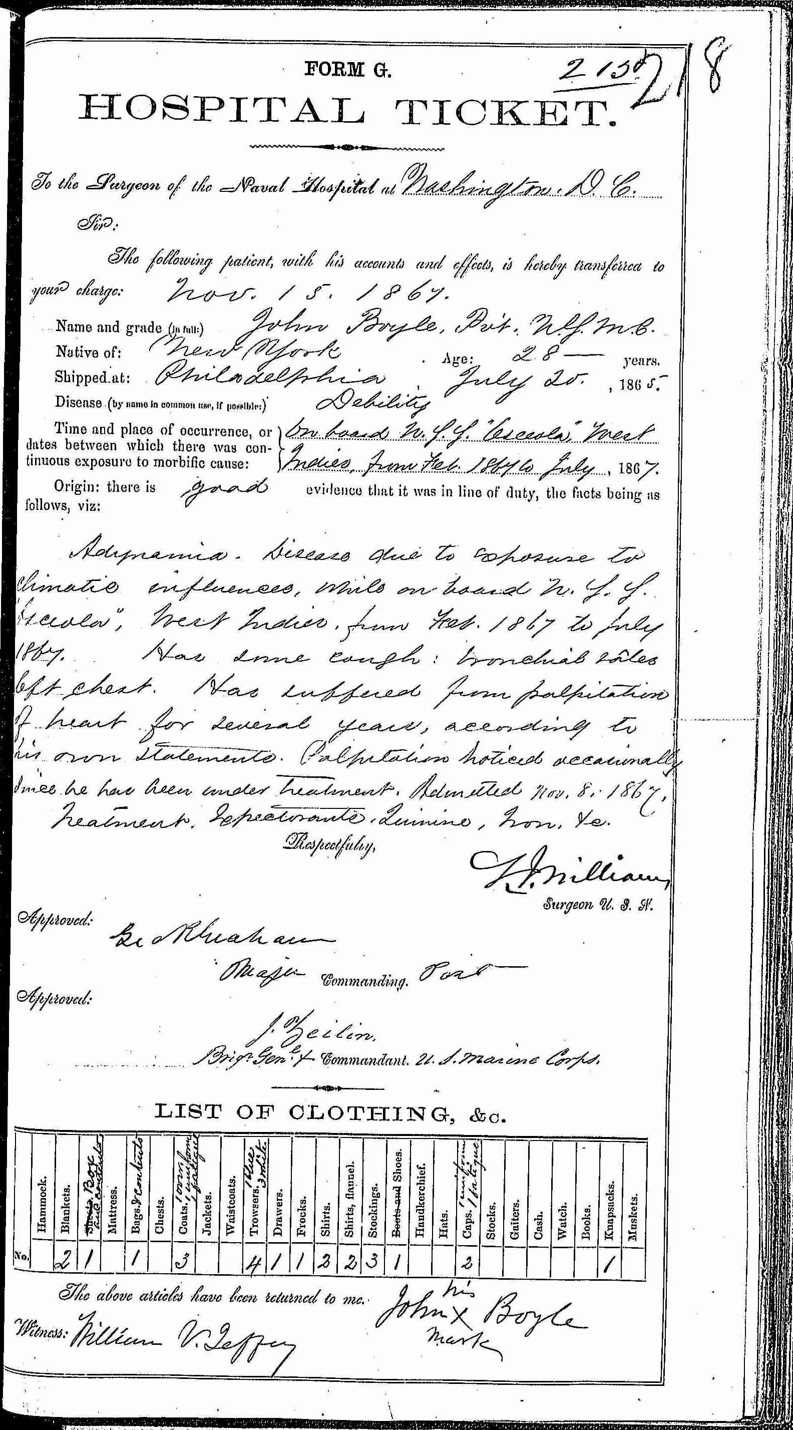 Entry for John Boyle (page 1 of 2) in the log Hospital Tickets and Case Papers - Naval Hospital - Washington, D.C. - 1866-68