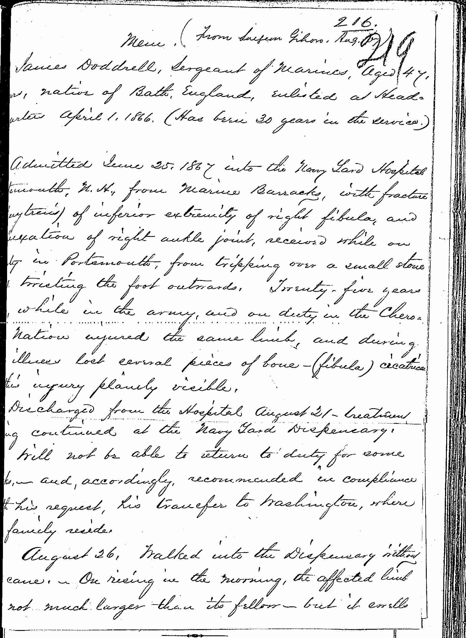 Entry for James Doddrell (first admission page 1 of 2) in the log Hospital Tickets and Case Papers - Naval Hospital - Washington, D.C. - 1866-68