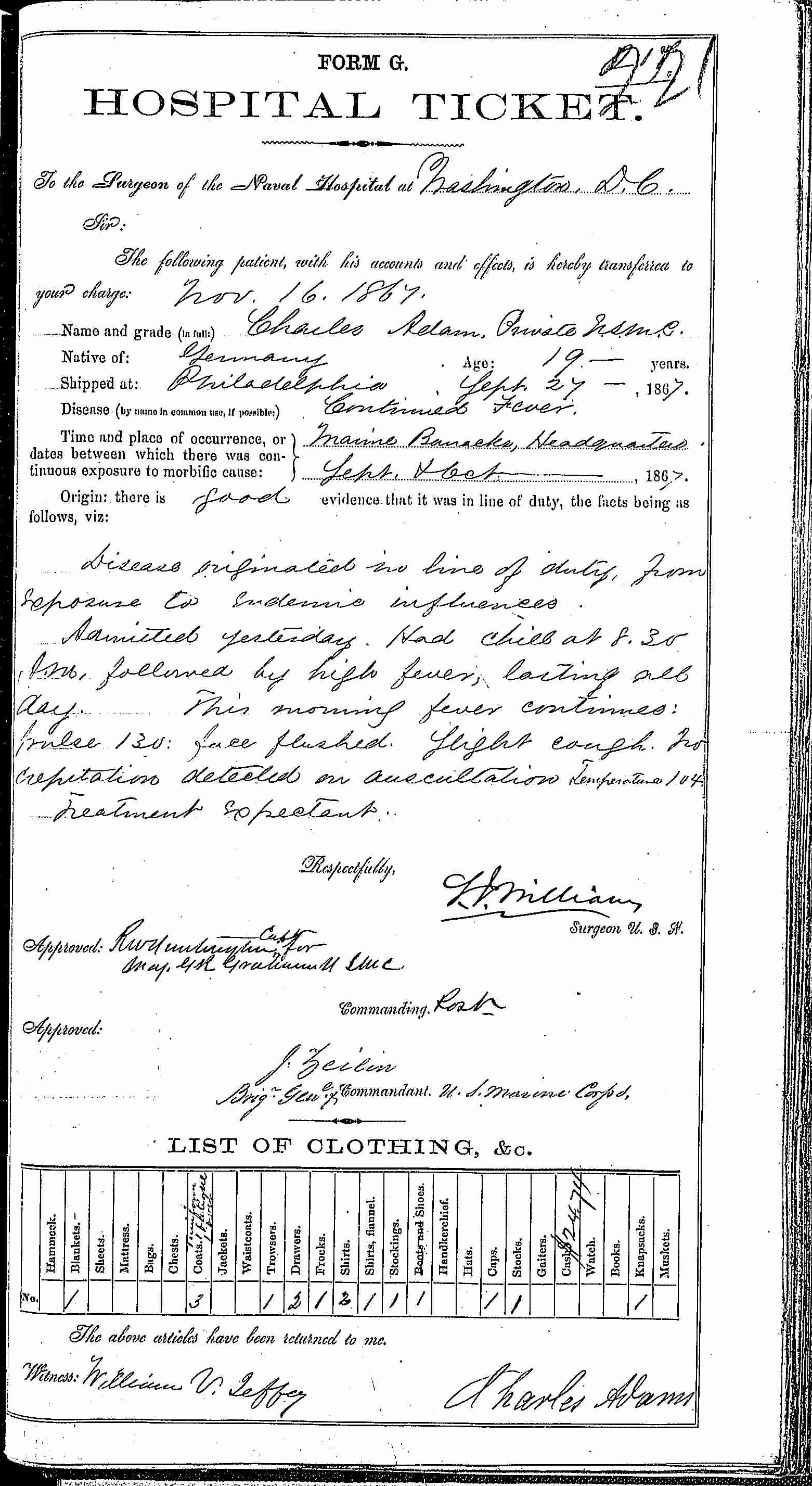 Entry for Charles Adams (page 1 of 2) in the log Hospital Tickets and Case Papers - Naval Hospital - Washington, D.C. - 1866-68