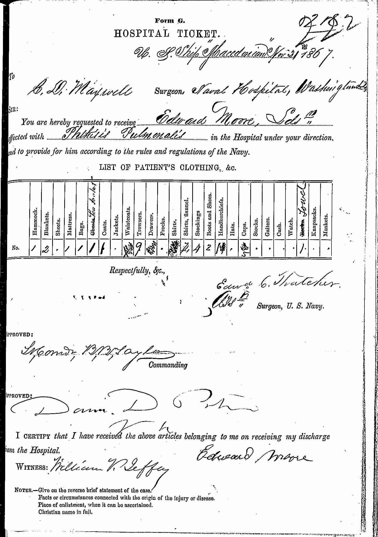 Entry for Edward Moore (page 1 of 2) in the log Hospital Tickets and Case Papers - Naval Hospital - Washington, D.C. - 1866-68