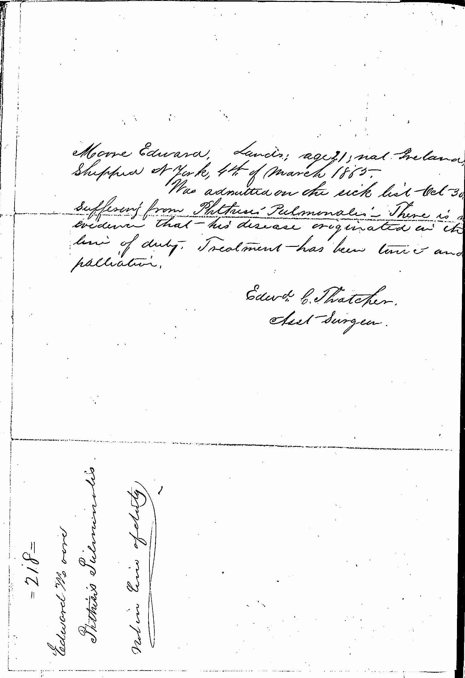 Entry for Edward Moore (page 2 of 2) in the log Hospital Tickets and Case Papers - Naval Hospital - Washington, D.C. - 1866-68