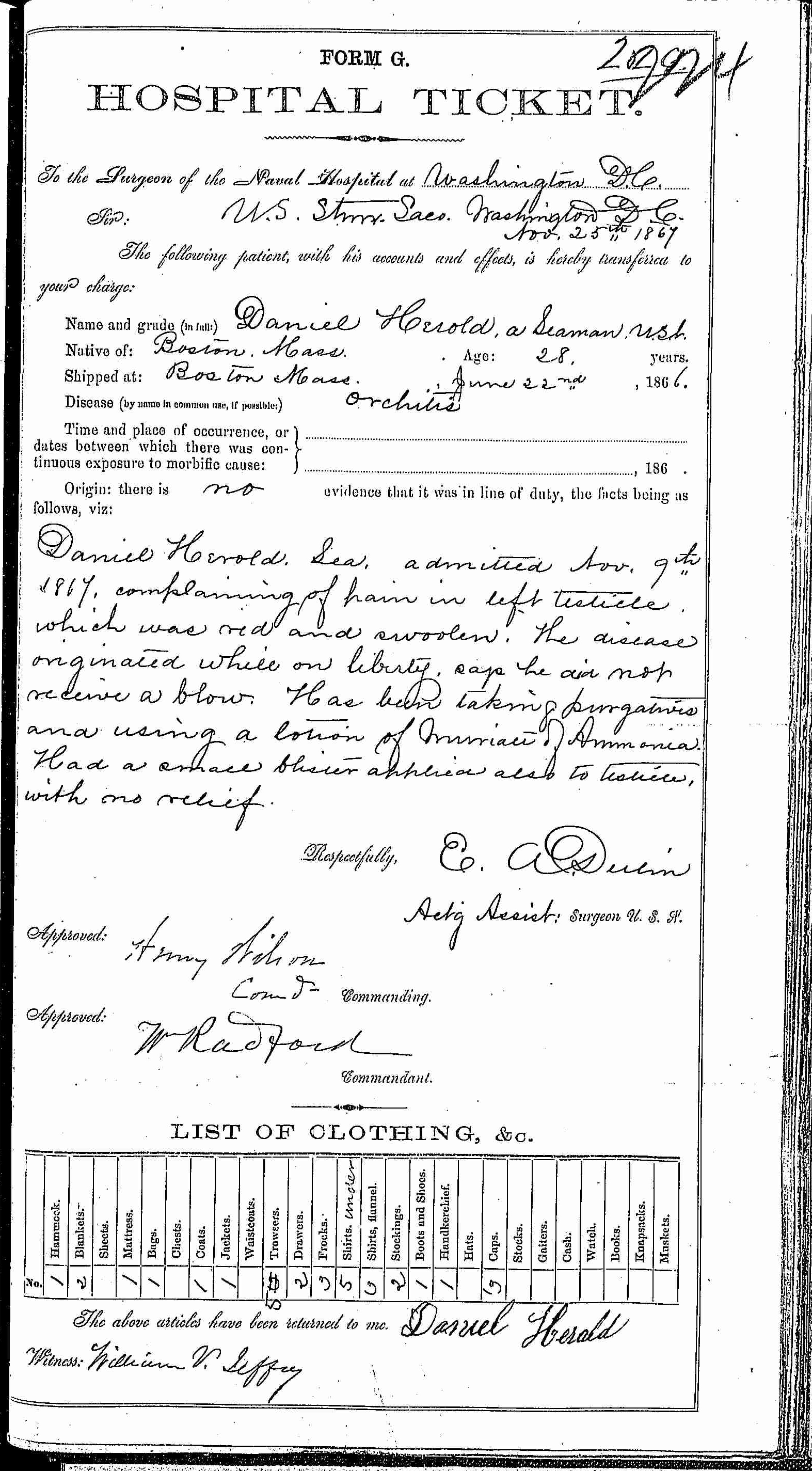 Entry for Daniel Herold (page 1 of 2) in the log Hospital Tickets and Case Papers - Naval Hospital - Washington, D.C. - 1866-68