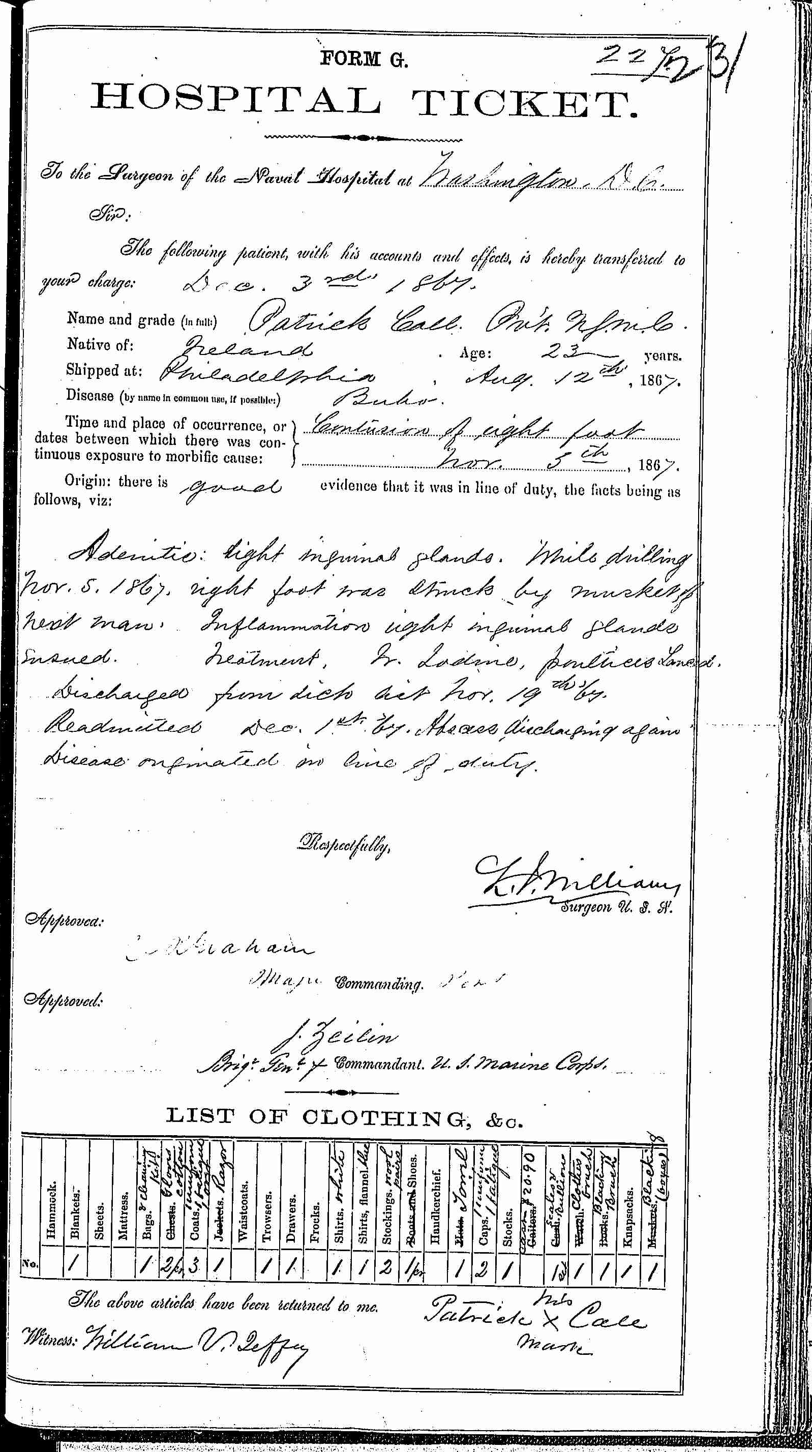 Entry for Patrick Call (page 1 of 2) in the log Hospital Tickets and Case Papers - Naval Hospital - Washington, D.C. - 1866-68