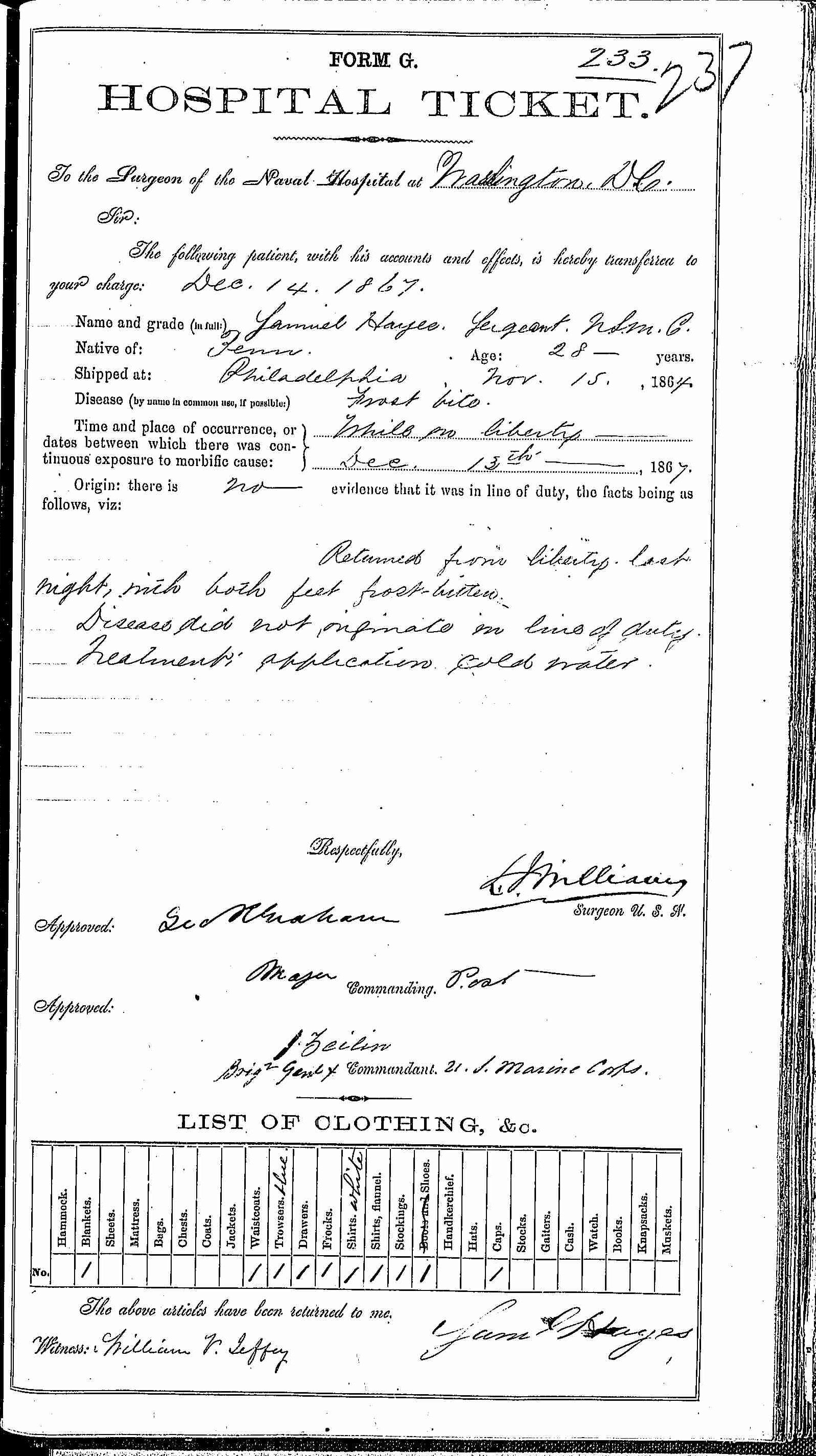 Entry for Samuel Hayes (second admission page 1 of 2) in the log Hospital Tickets and Case Papers - Naval Hospital - Washington, D.C. - 1866-68