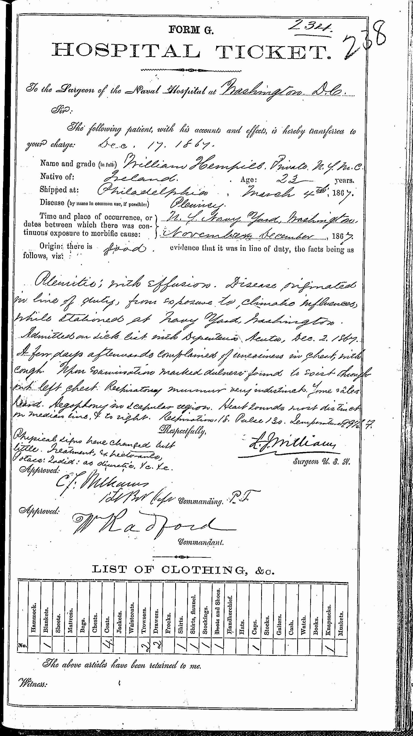 Entry for William Hempill (page 3 of 4) in the log Hospital Tickets and Case Papers - Naval Hospital - Washington, D.C. - 1866-68
