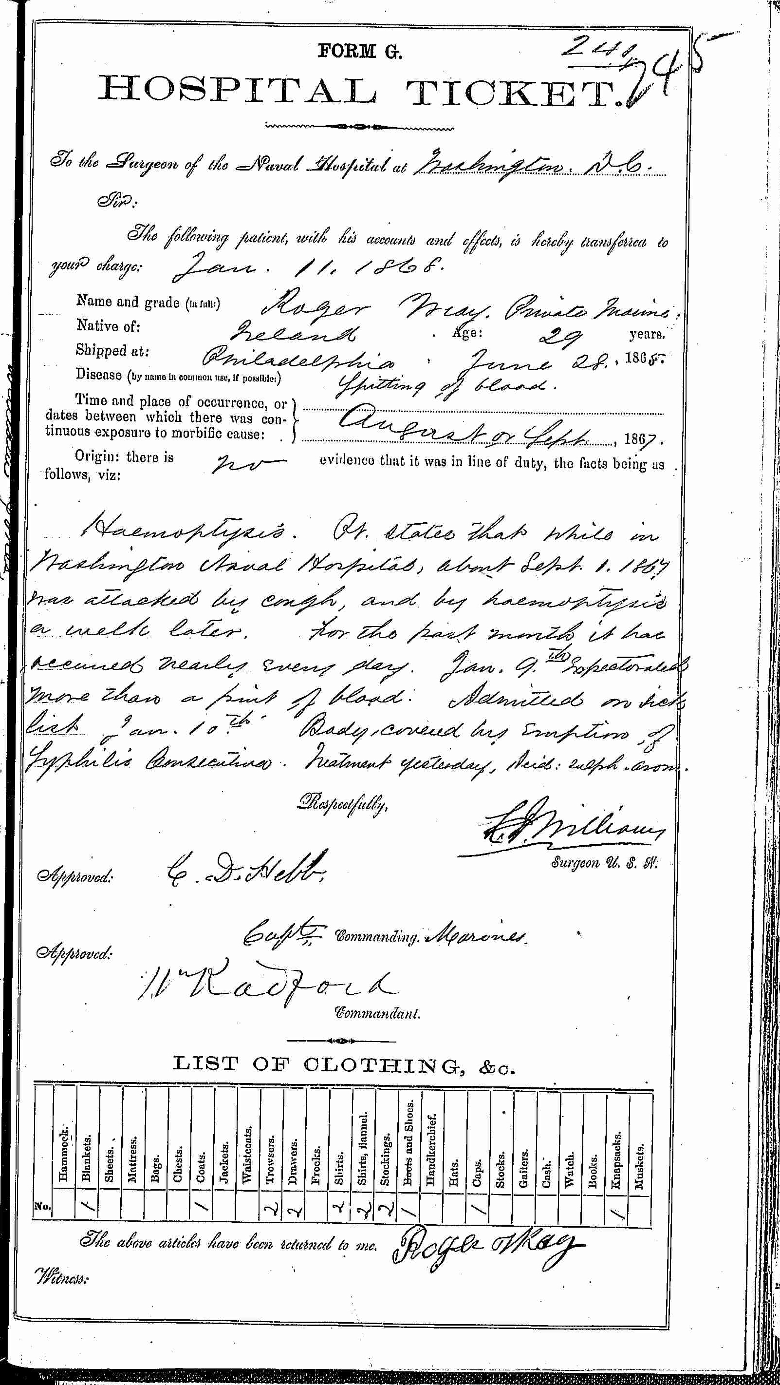 Entry for Rogers Wray (second admission page 1 of 2) in the log Hospital Tickets and Case Papers - Naval Hospital - Washington, D.C. - 1866-68
