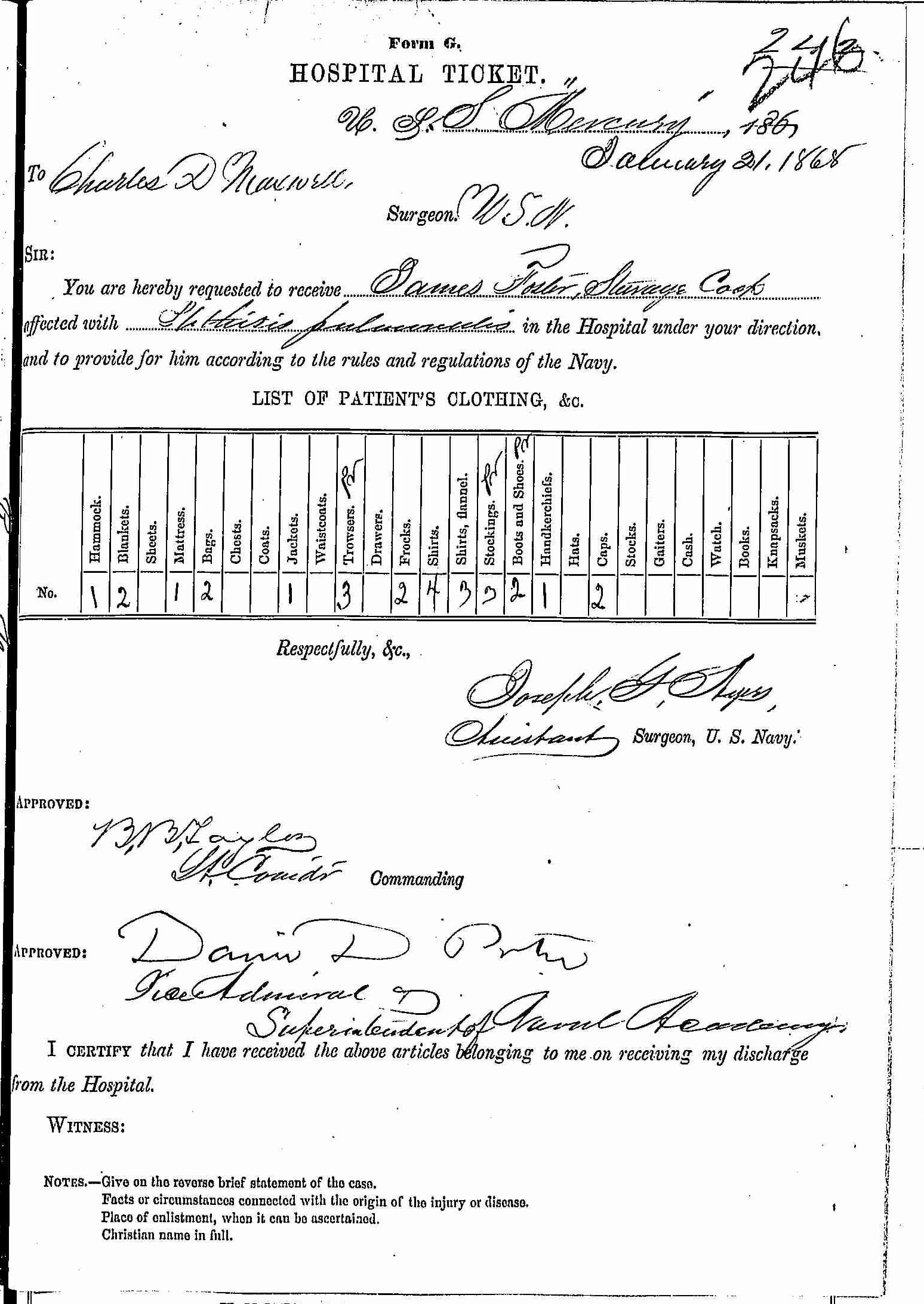 Entry for James Foster (page 1 of 2) in the log Hospital Tickets and Case Papers - Naval Hospital - Washington, D.C. - 1866-68