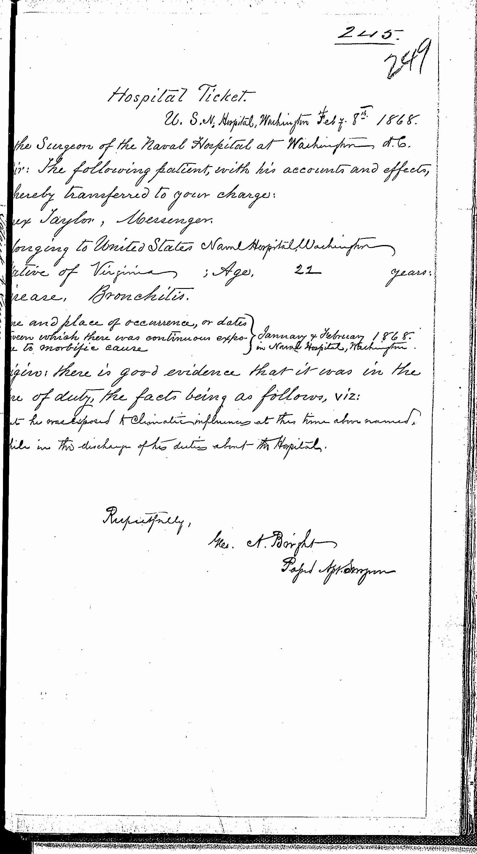 Entry for Essex Taylor (page 1 of 2) in the log Hospital Tickets and Case Papers - Naval Hospital - Washington, D.C. - 1866-68