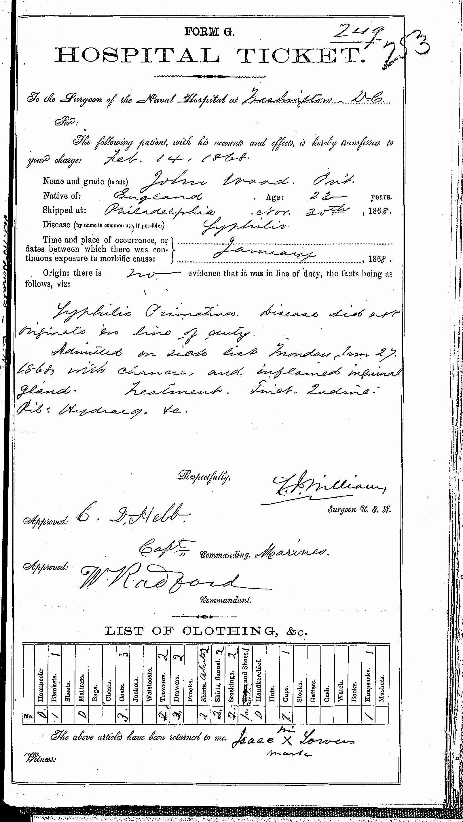 Entry for John Wood (page 1 of 2) in the log Hospital Tickets and Case Papers - Naval Hospital - Washington, D.C. - 1866-68