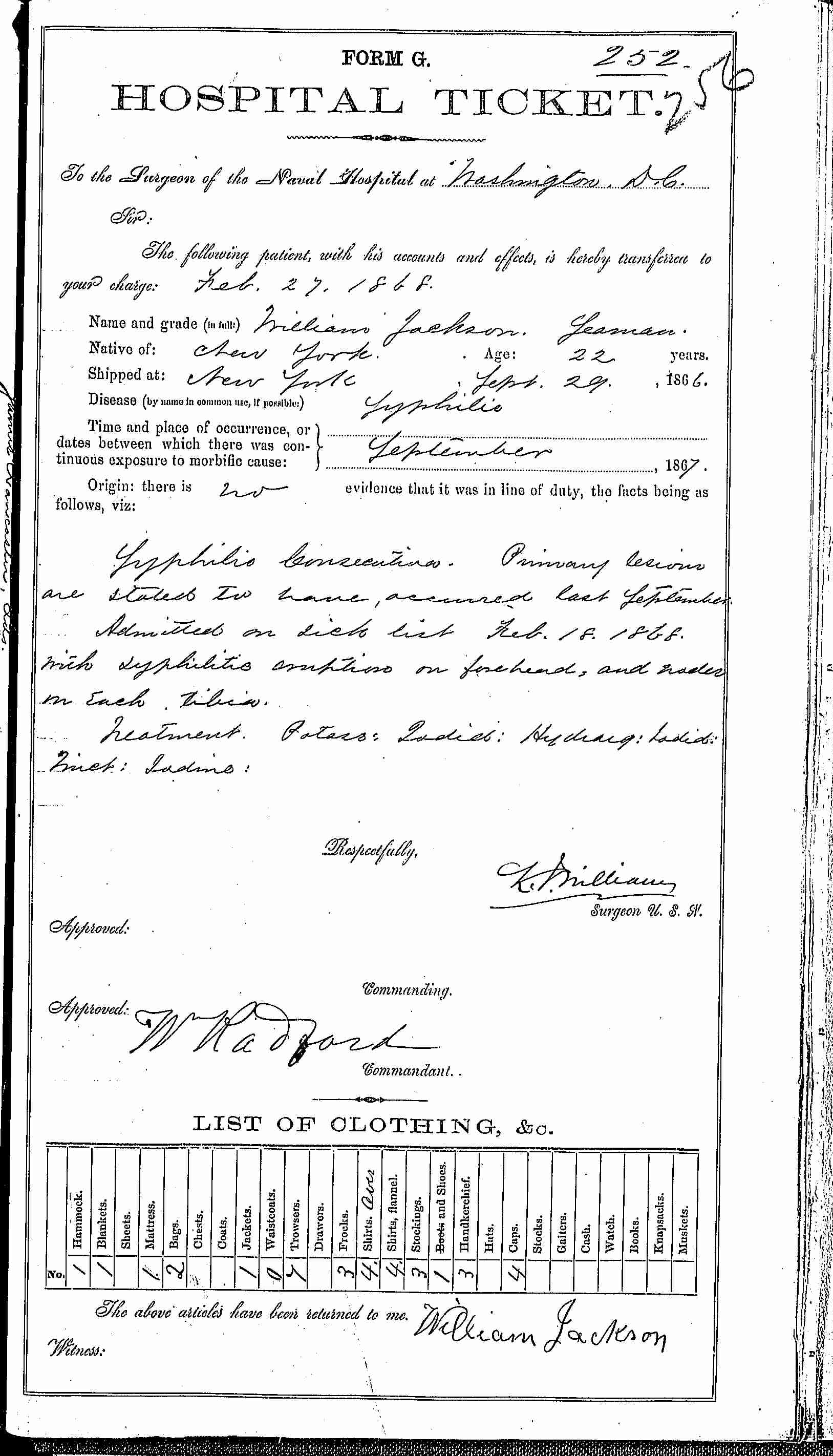 Entry for William Jackson (second admission - page 1 of 2) in the log Hospital Tickets and Case Papers - Naval Hospital - Washington, D.C. - 1866-68