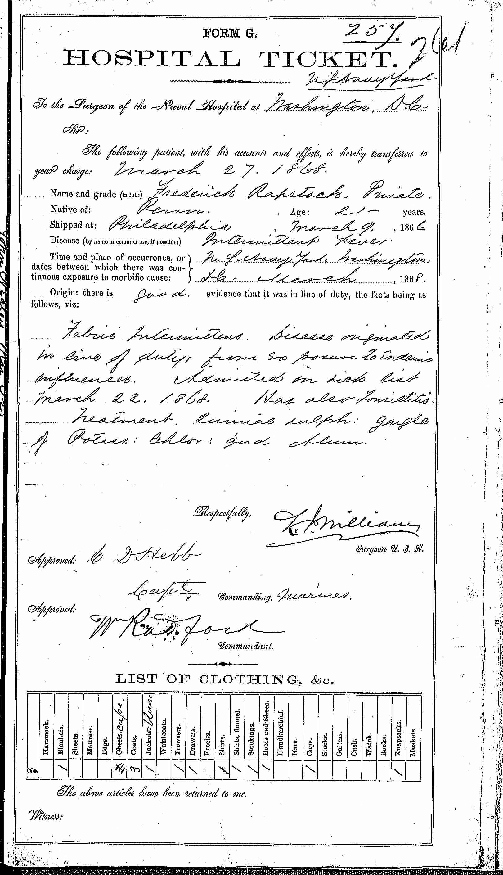 Entry for Frederick Rapstock (second admission page 1 of 2) in the log Hospital Tickets and Case Papers - Naval Hospital - Washington, D.C. - 1866-68