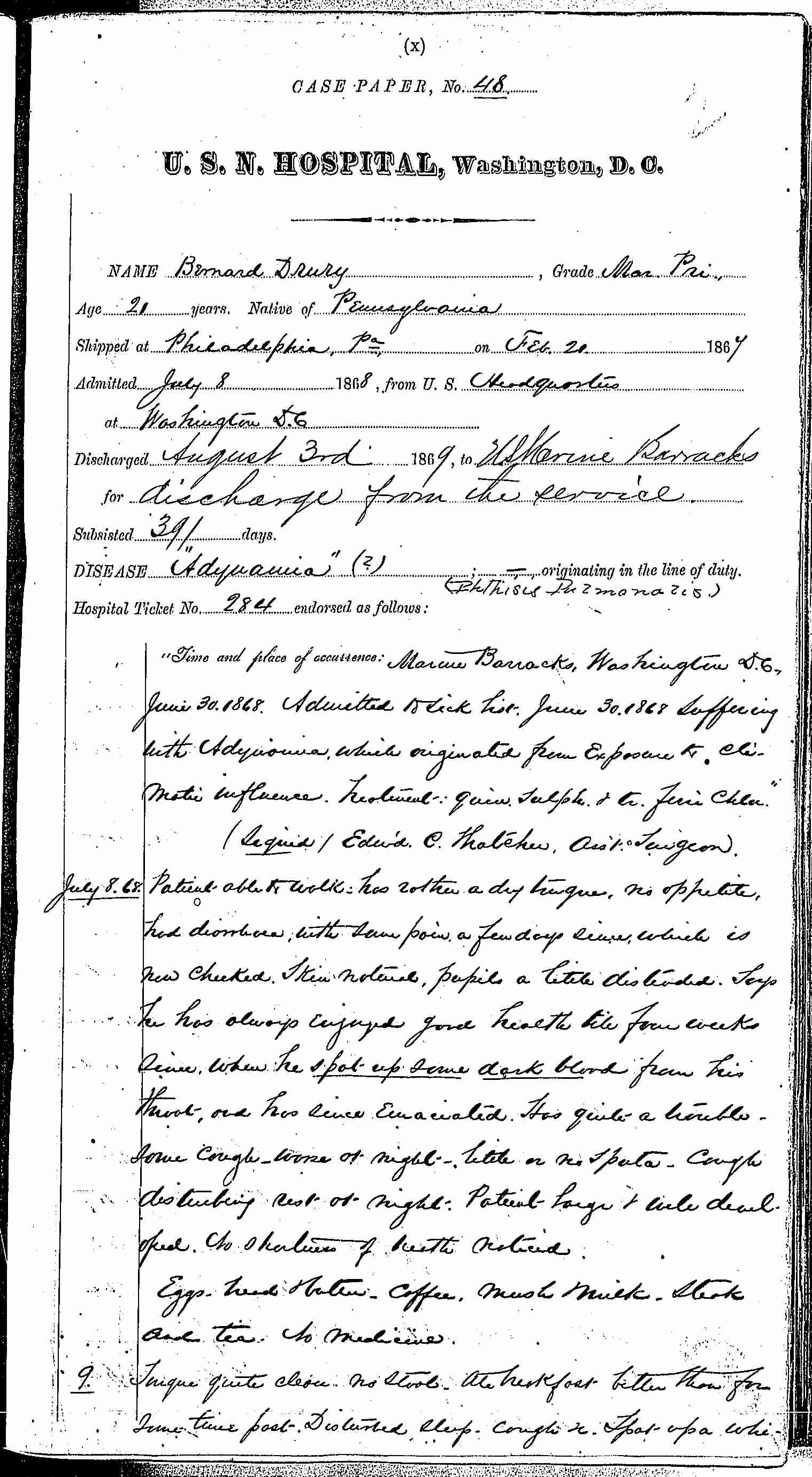 Entry for Bernard Drury (page 1 of 31) in the log Hospital Tickets and Case Papers - Naval Hospital - Washington, D.C. - 1868-69