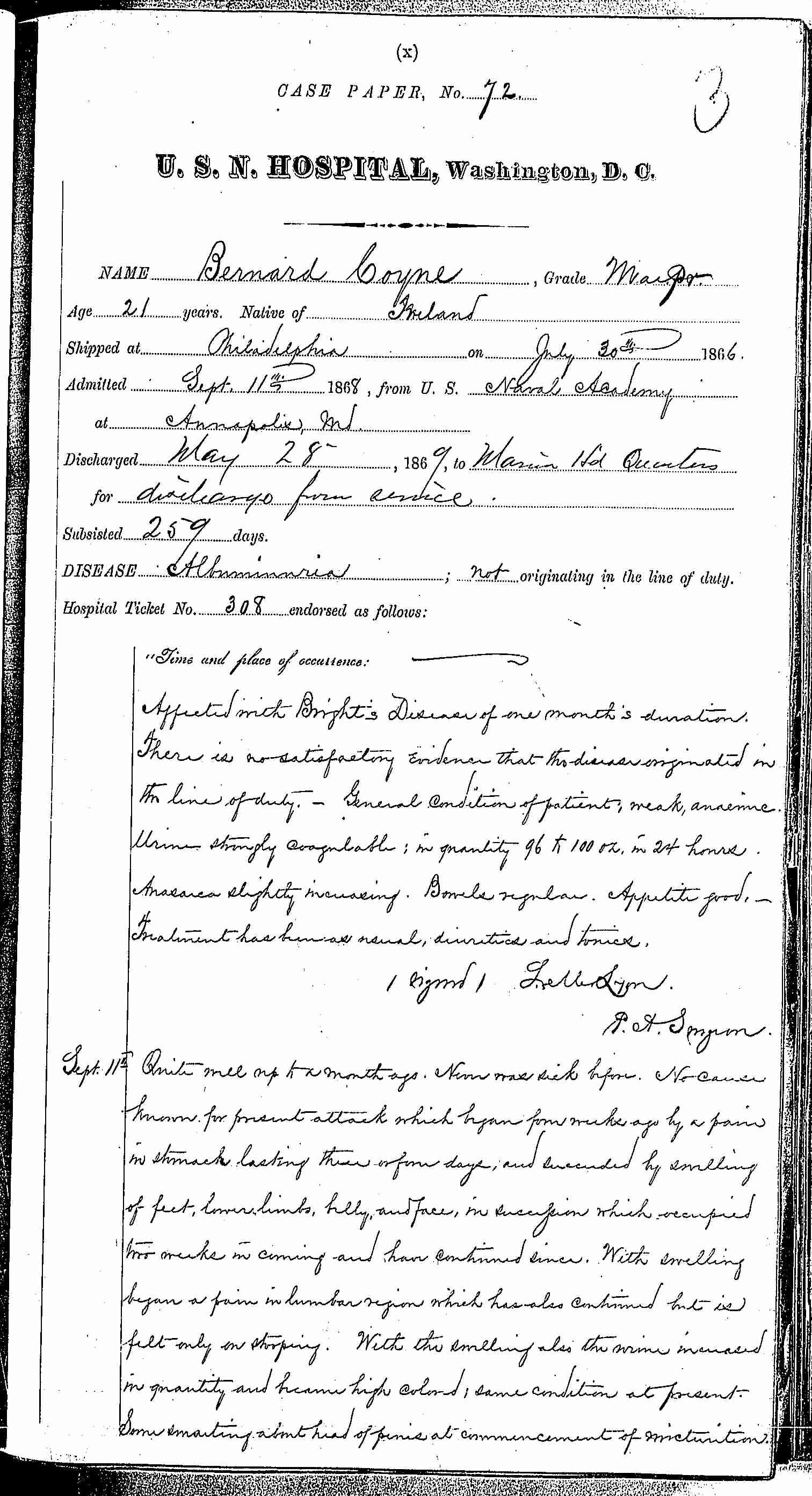 Entry for Bernard Coyne (page 1 of 13) in the log Hospital Tickets and Case Papers - Naval Hospital - Washington, D.C. - 1868-69
