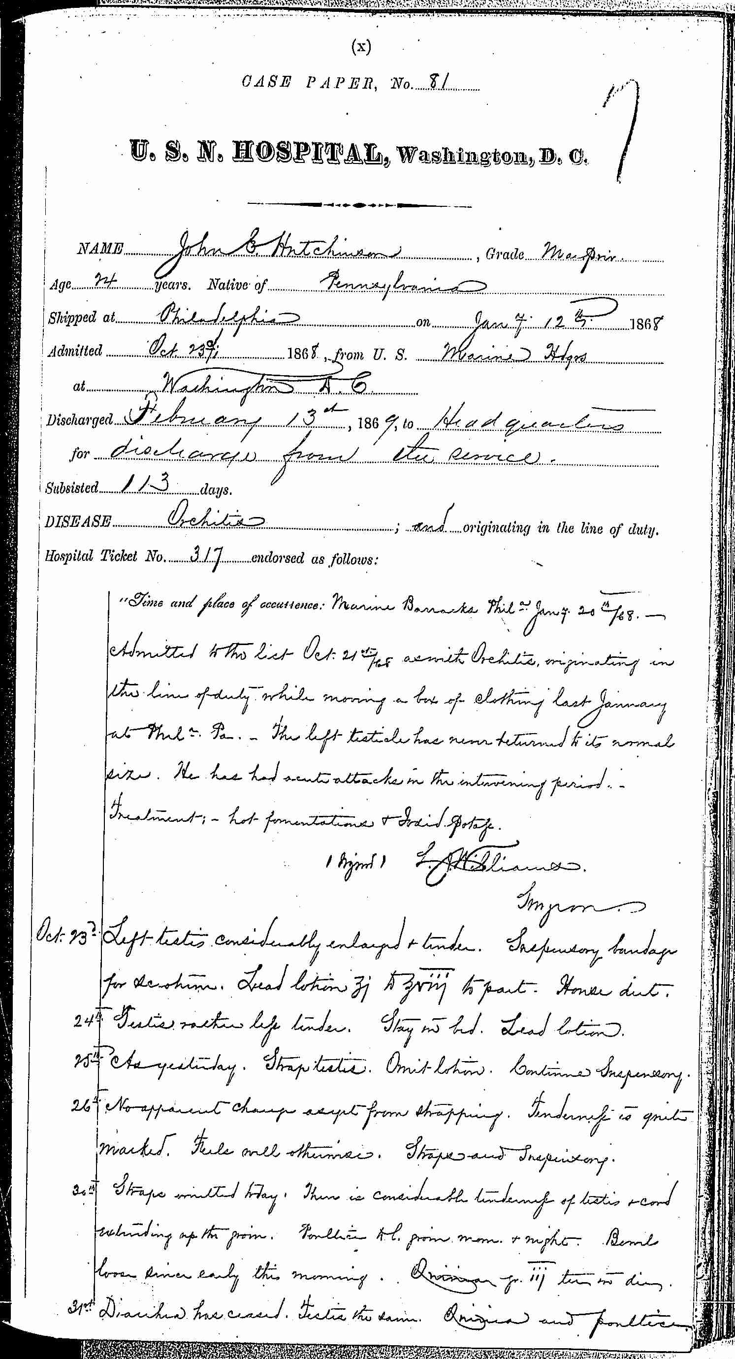 Entry for John C. Hutchinson (page 1 of 4) in the log Hospital Tickets and Case Papers - Naval Hospital - Washington, D.C. - 1868-69