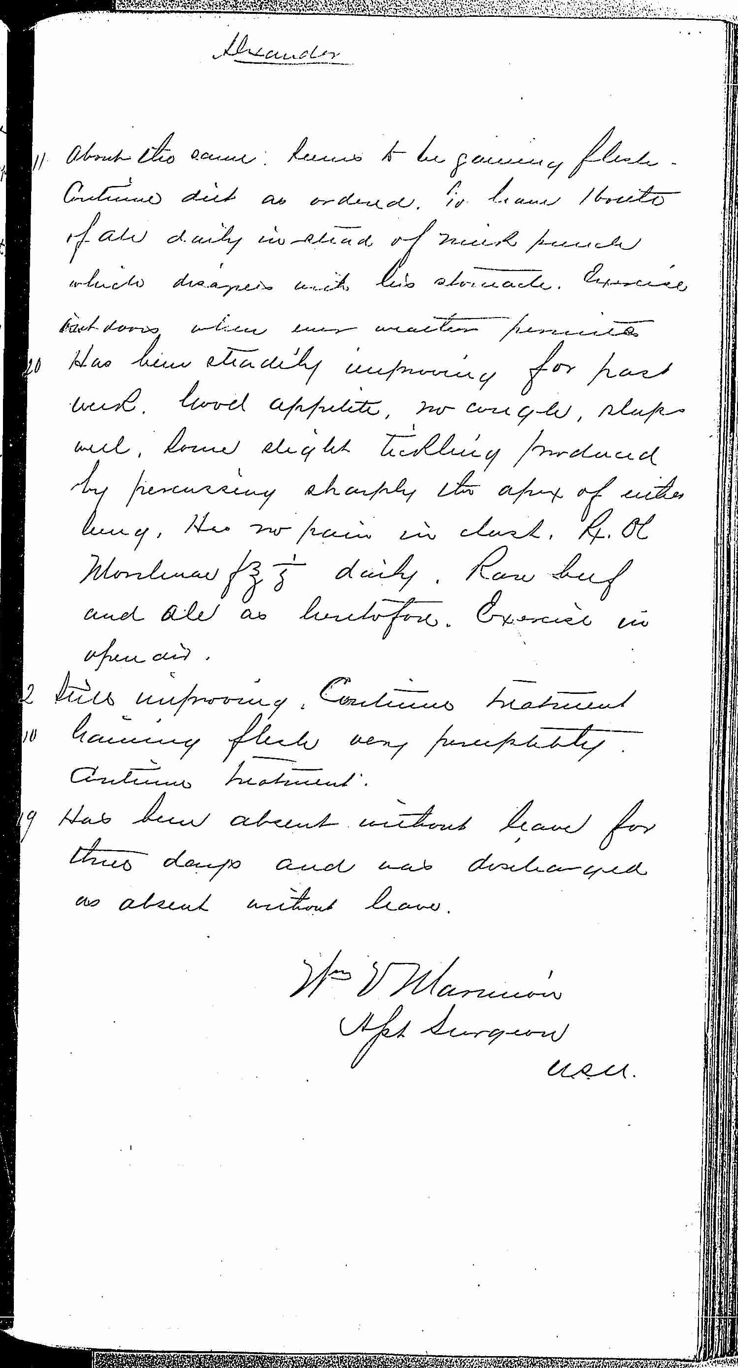 Entry for David Alexander (first admission page 5 of 5) in the log Hospital Tickets and Case Papers - Naval Hospital - Washington, D.C. - 1868-69