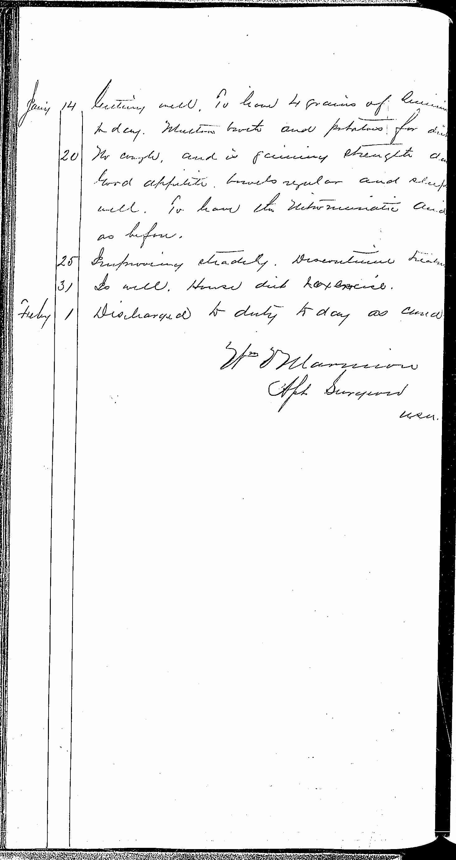 Entry for Frederick Mann (first admission page 4 of 4) in the log Hospital Tickets and Case Papers - Naval Hospital - Washington, D.C. - 1868-69