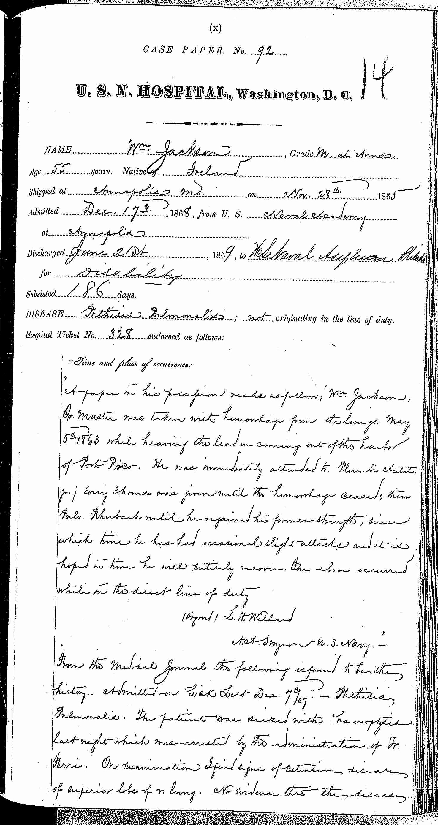 Entry for William Jackson (page 1 of 7) in the log Hospital Tickets and Case Papers - Naval Hospital - Washington, D.C. - 1868-69
