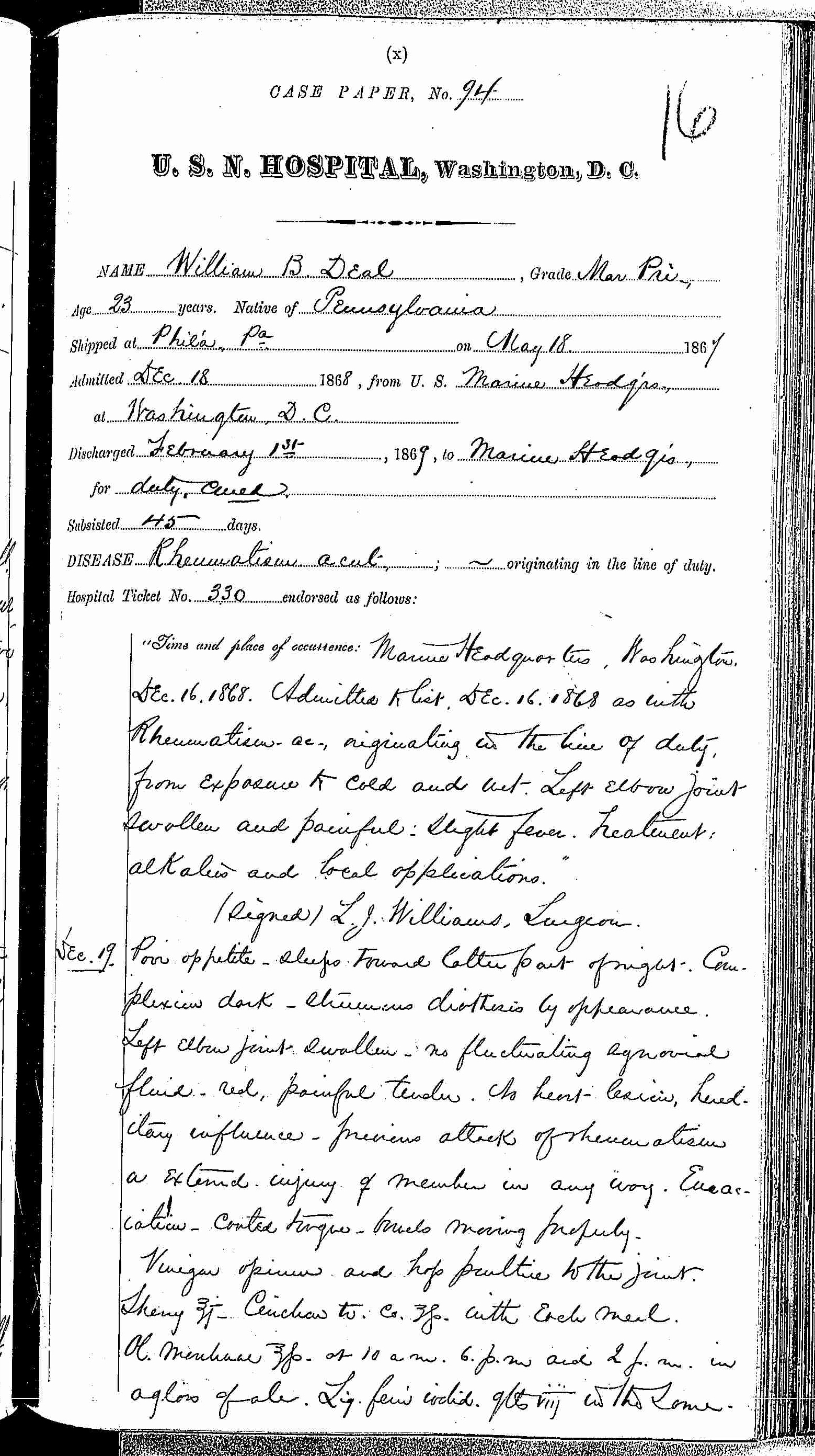 Entry for William B. Deal (page 1 of 4) in the log Hospital Tickets and Case Papers - Naval Hospital - Washington, D.C. - 1868-69