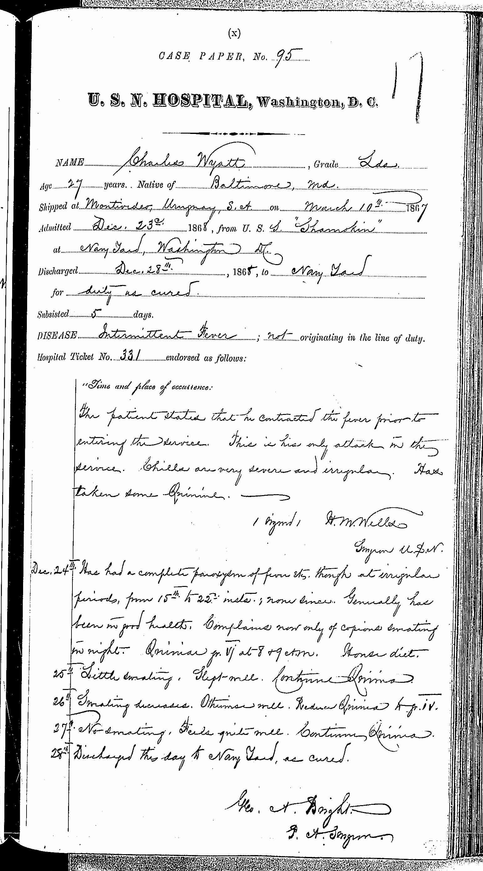 Entry for Charles Wyatt (page 1 of 1) in the log Hospital Tickets and Case Papers - Naval Hospital - Washington, D.C. - 1868-69