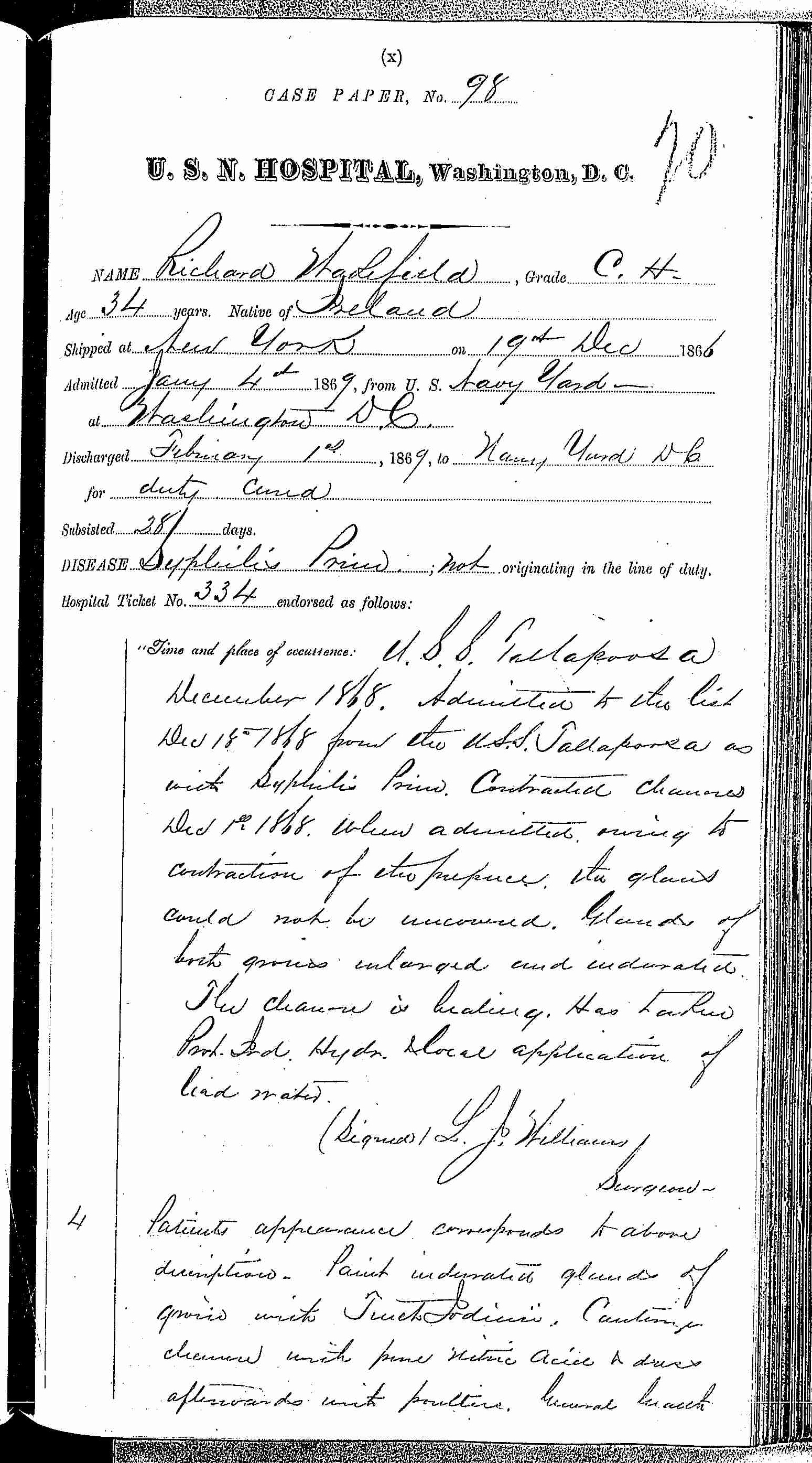 Entry for Richard Wakefield (page 1 of 3) in the log Hospital Tickets and Case Papers - Naval Hospital - Washington, D.C. - 1868-69