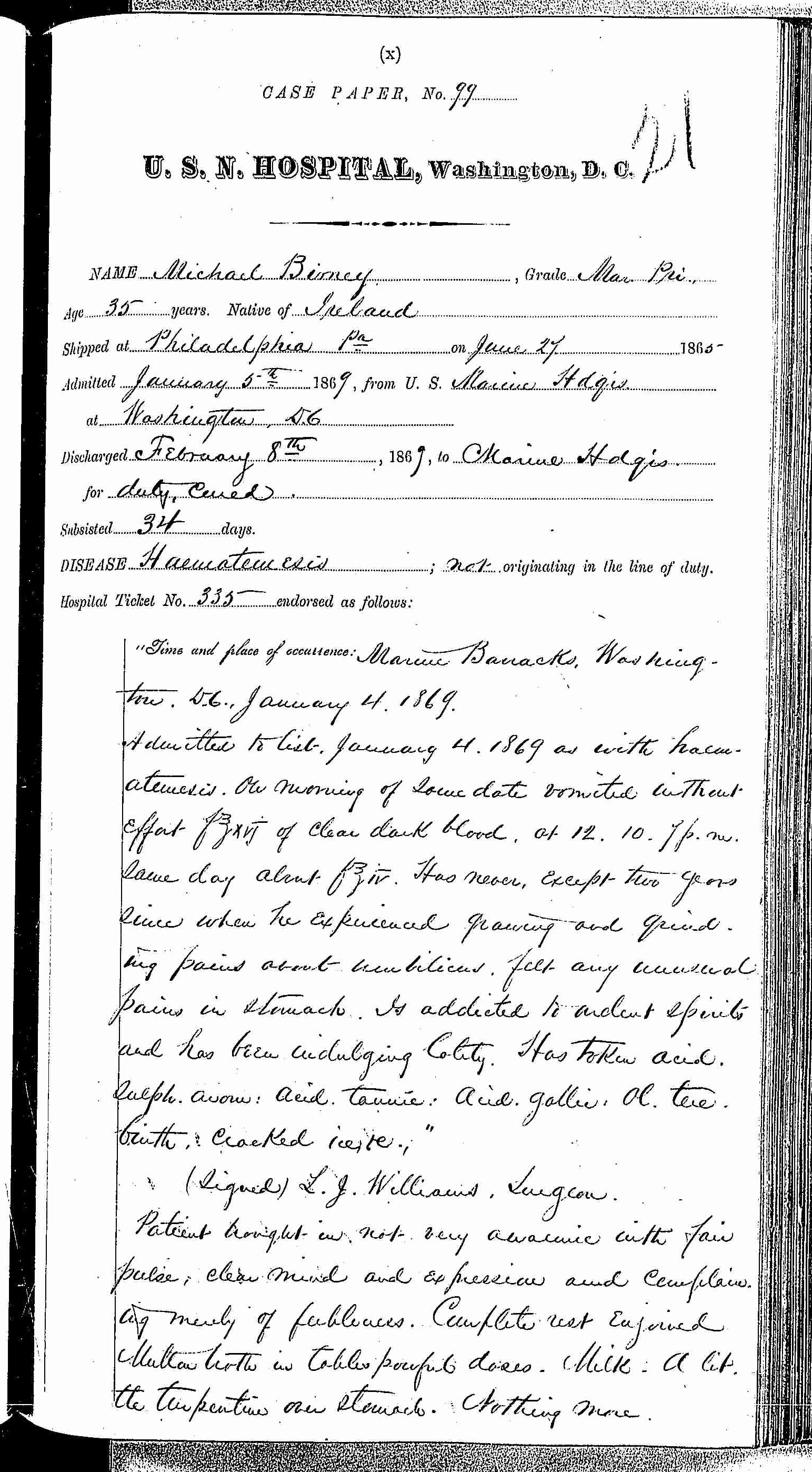 Entry for Michael Birney (page 1 of 3) in the log Hospital Tickets and Case Papers - Naval Hospital - Washington, D.C. - 1868-69